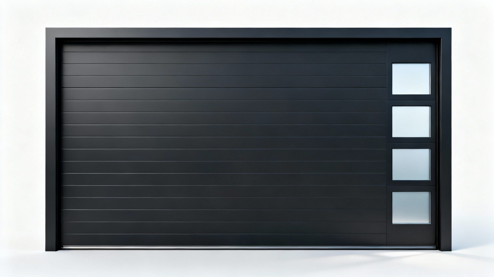 A professional product photograph of a modern, dark charcoal sectional garage door with a vertical row of frosted windows, set against a plain white background.