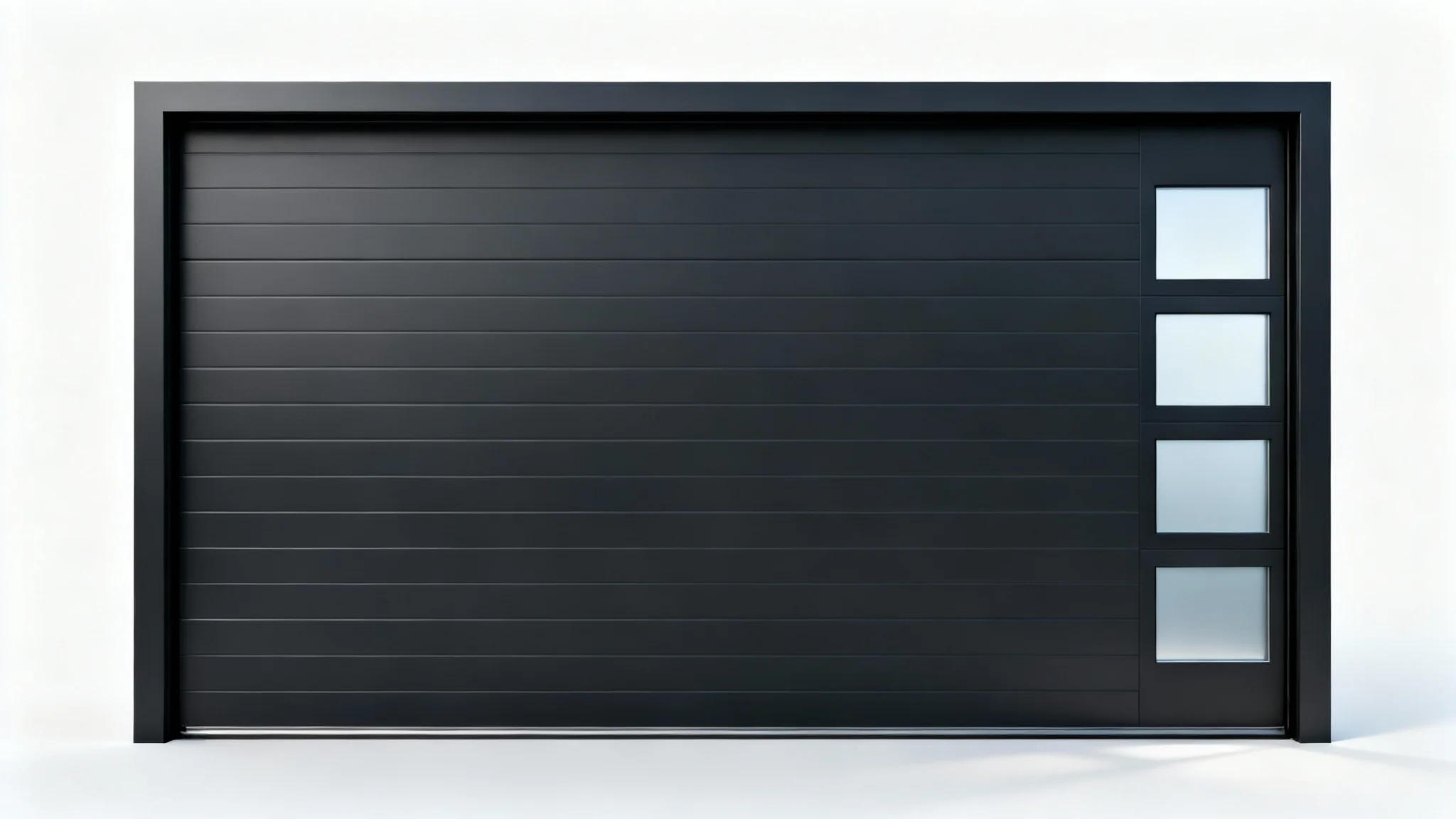 A professional product photograph of a modern, dark charcoal sectional garage door with a vertical row of frosted windows, set against a plain white background.