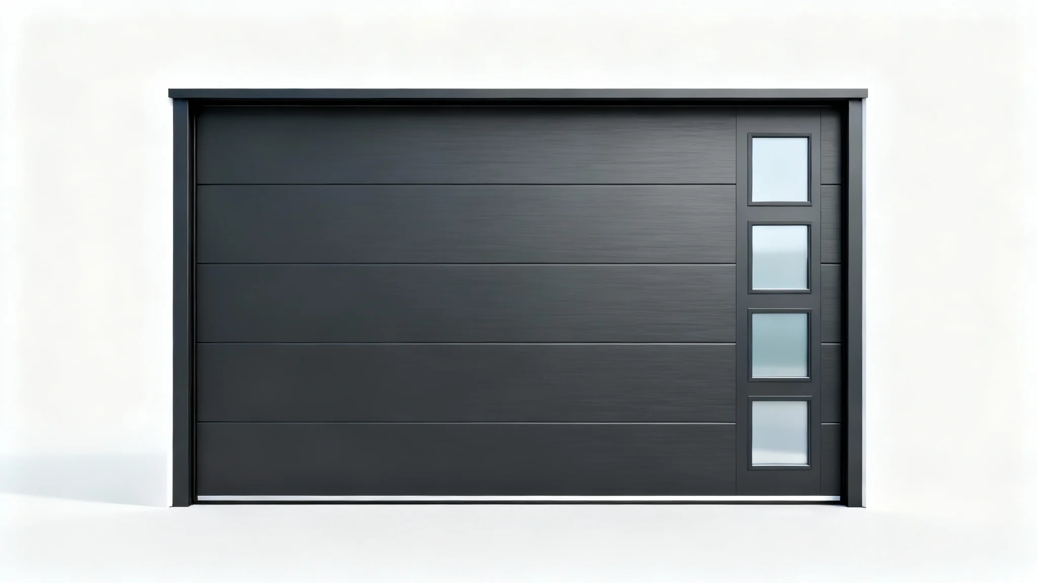 A modern, dark charcoal gray garage door with a vertical row of four frosted glass windows, presented as a product mockup against a plain white background.