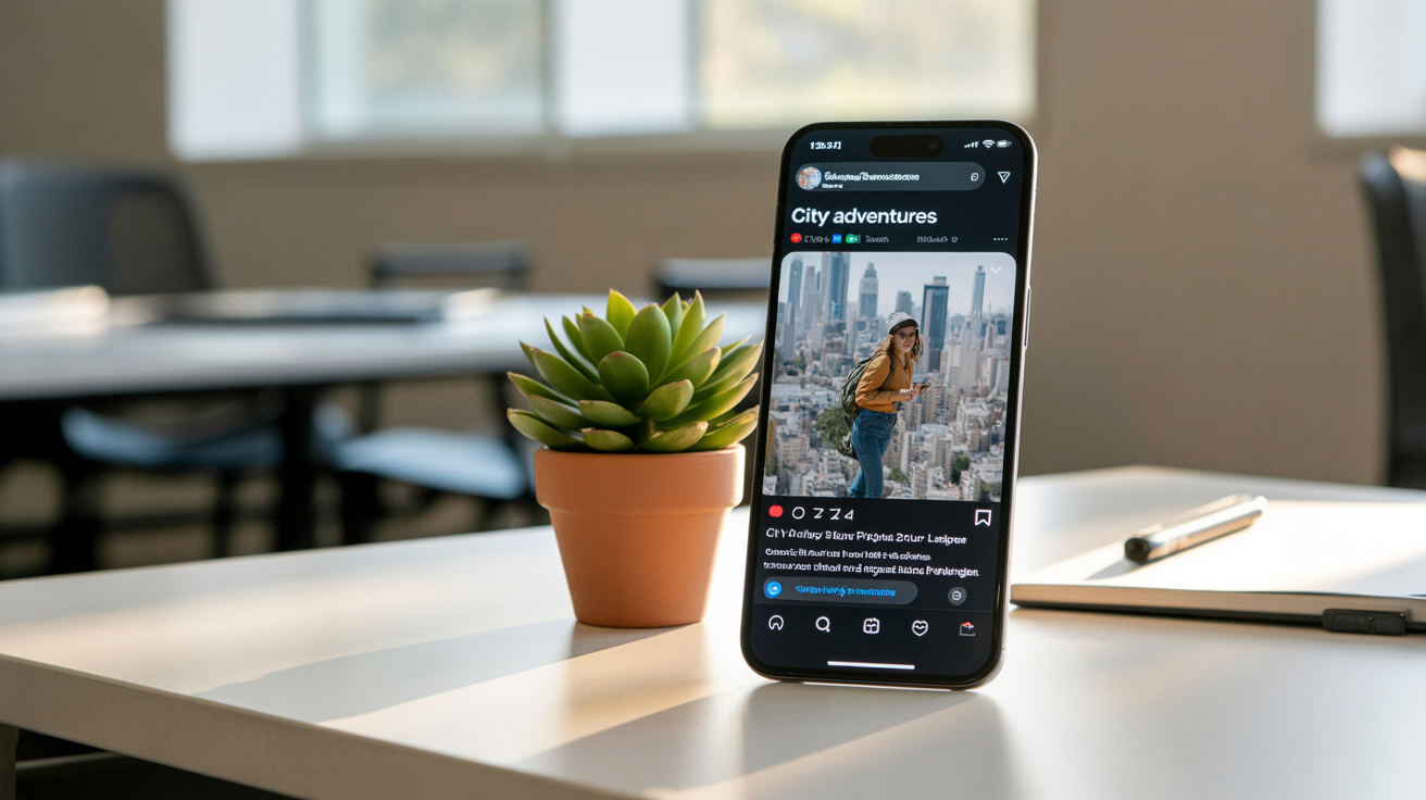 A close-up hero image of a smartphone on a white desk. The screen shows a social media feed featuring a perfectly square video titled 'CITY ADVENTURES', demonstrating the output of a square video converter.