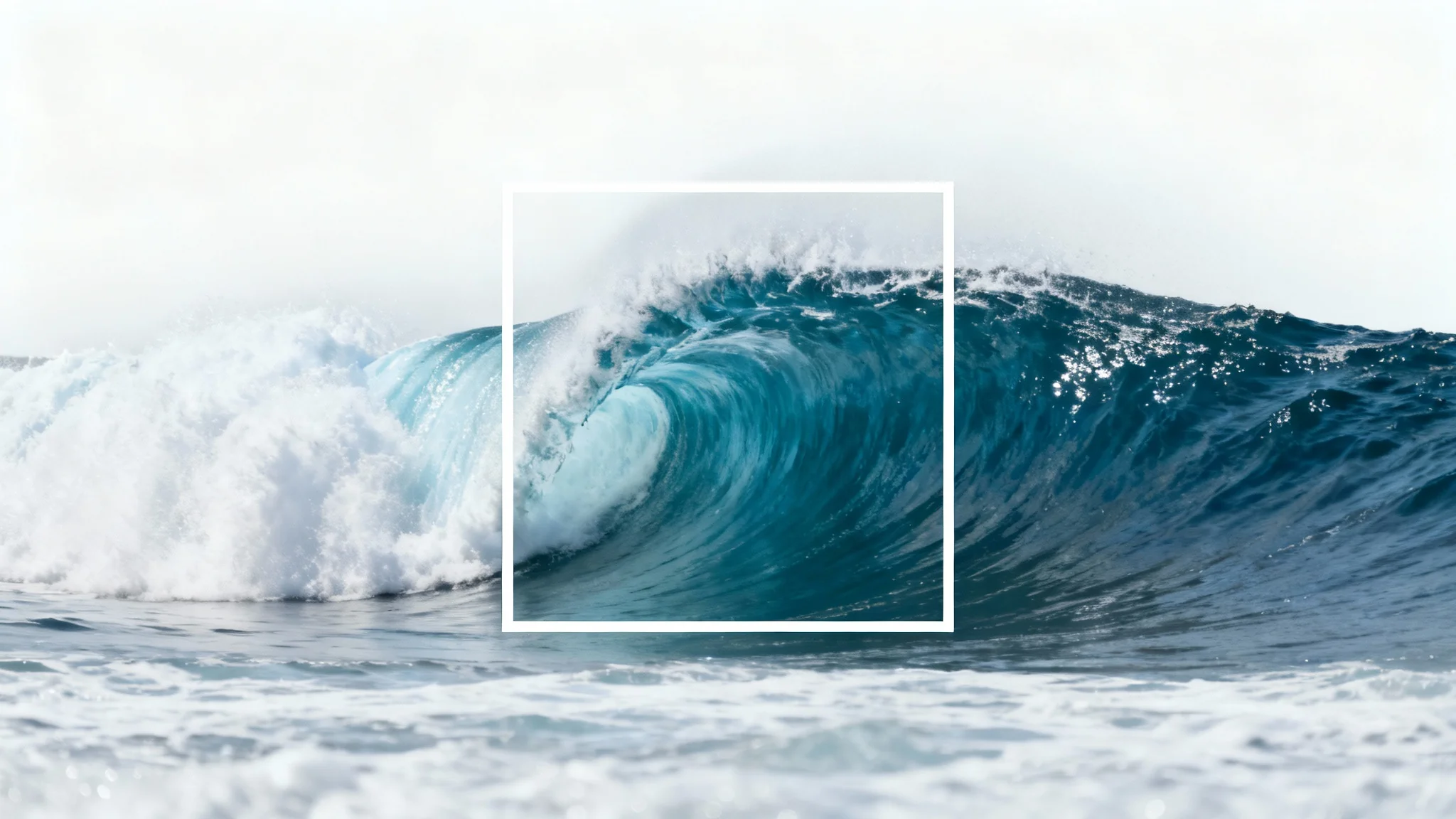 Conceptual image illustrating a video being converted to a square format, showing a wide image of an ocean wave being cropped into a perfect square.