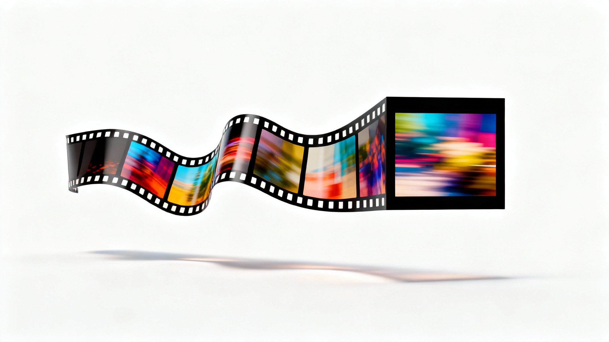 A strip of 35mm film suspended against a white background, smoothly transforming from a wide rectangle on one end to a perfect square on the other, illustrating the concept of a square video converter.