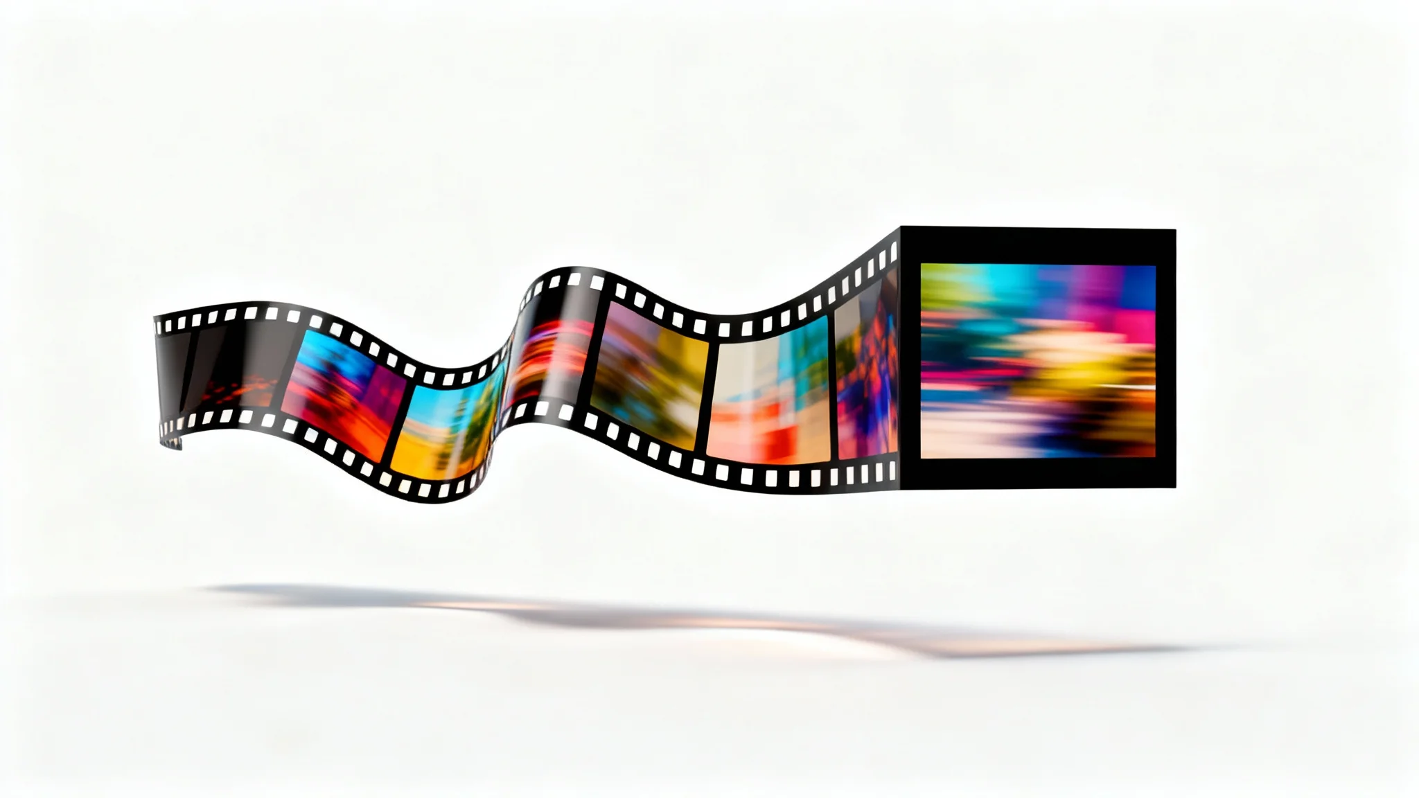 A strip of 35mm film suspended against a white background, smoothly transforming from a wide rectangle on one end to a perfect square on the other, illustrating the concept of a square video converter.