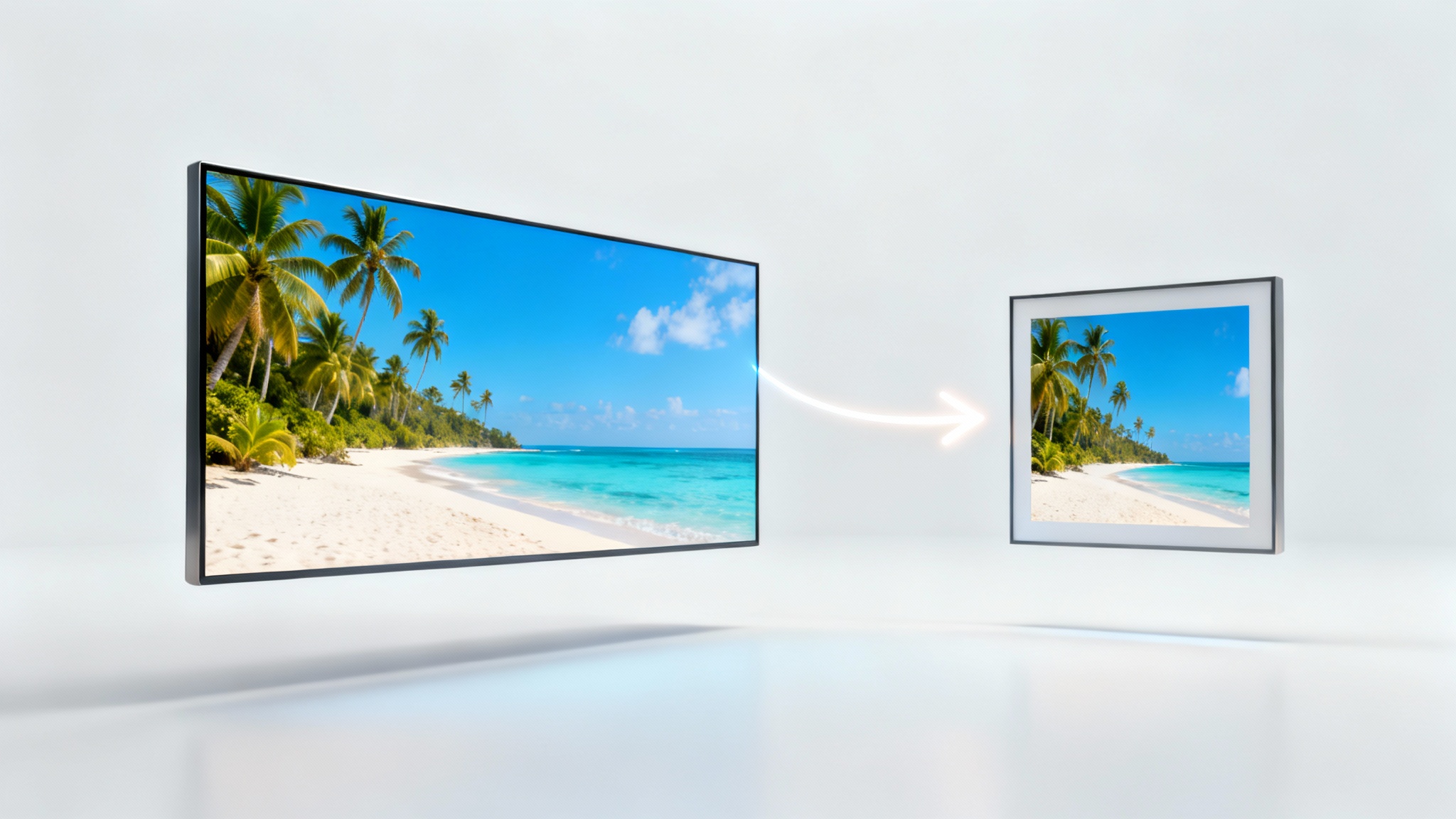 A conceptual image illustrating the conversion of a wide video to a square video. A wide frame showing a beach scene has an arrow pointing to a square frame showing a cropped version of the same beach scene, all on a white background.