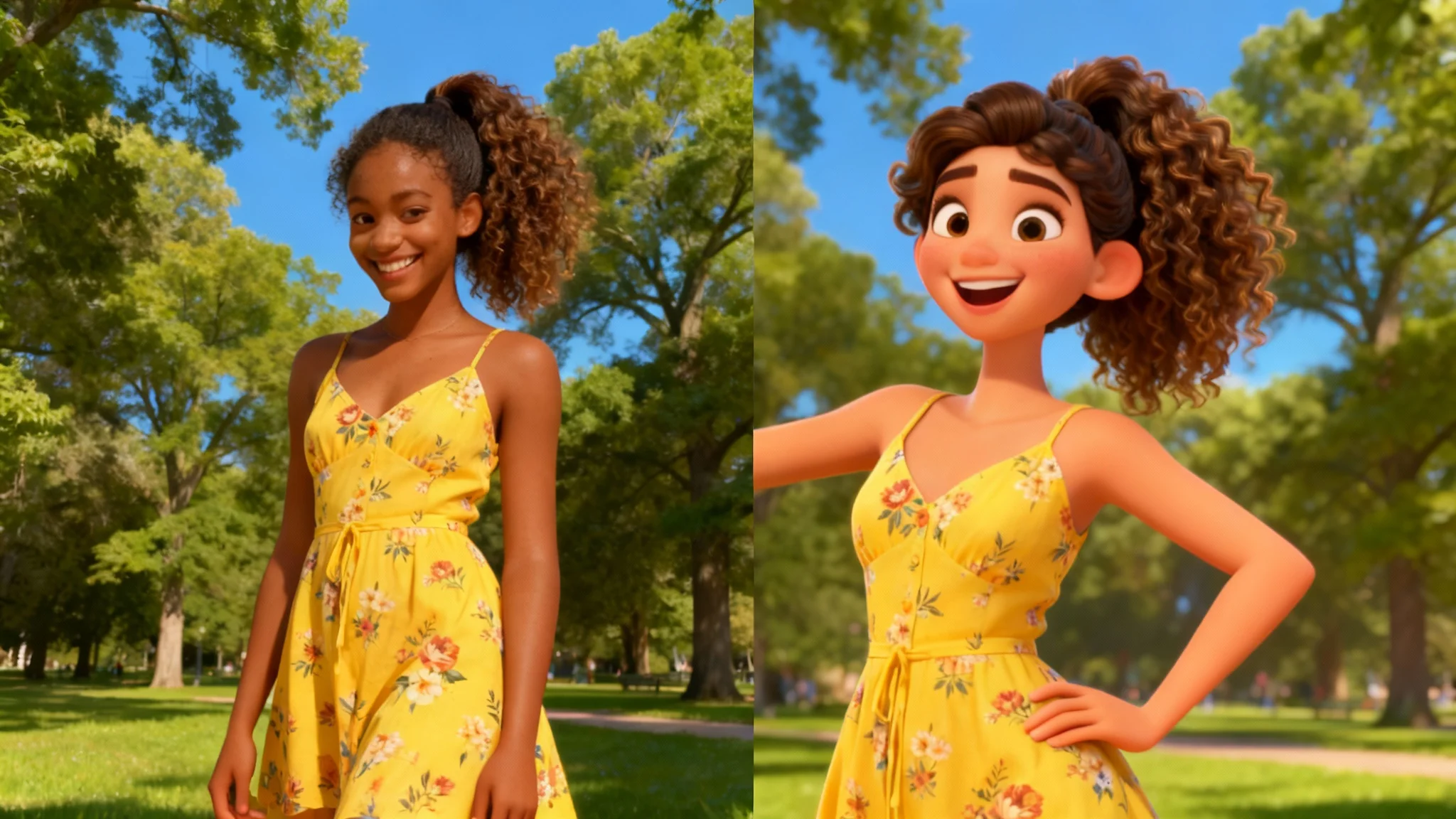 A split-screen comparison showing an AI 'image to character' transformation. The left side is a photograph of a woman in a yellow dress in a park, and the right side is a 3D animated character version of her, maintaining the same pose, outfit, and cheerful expression.