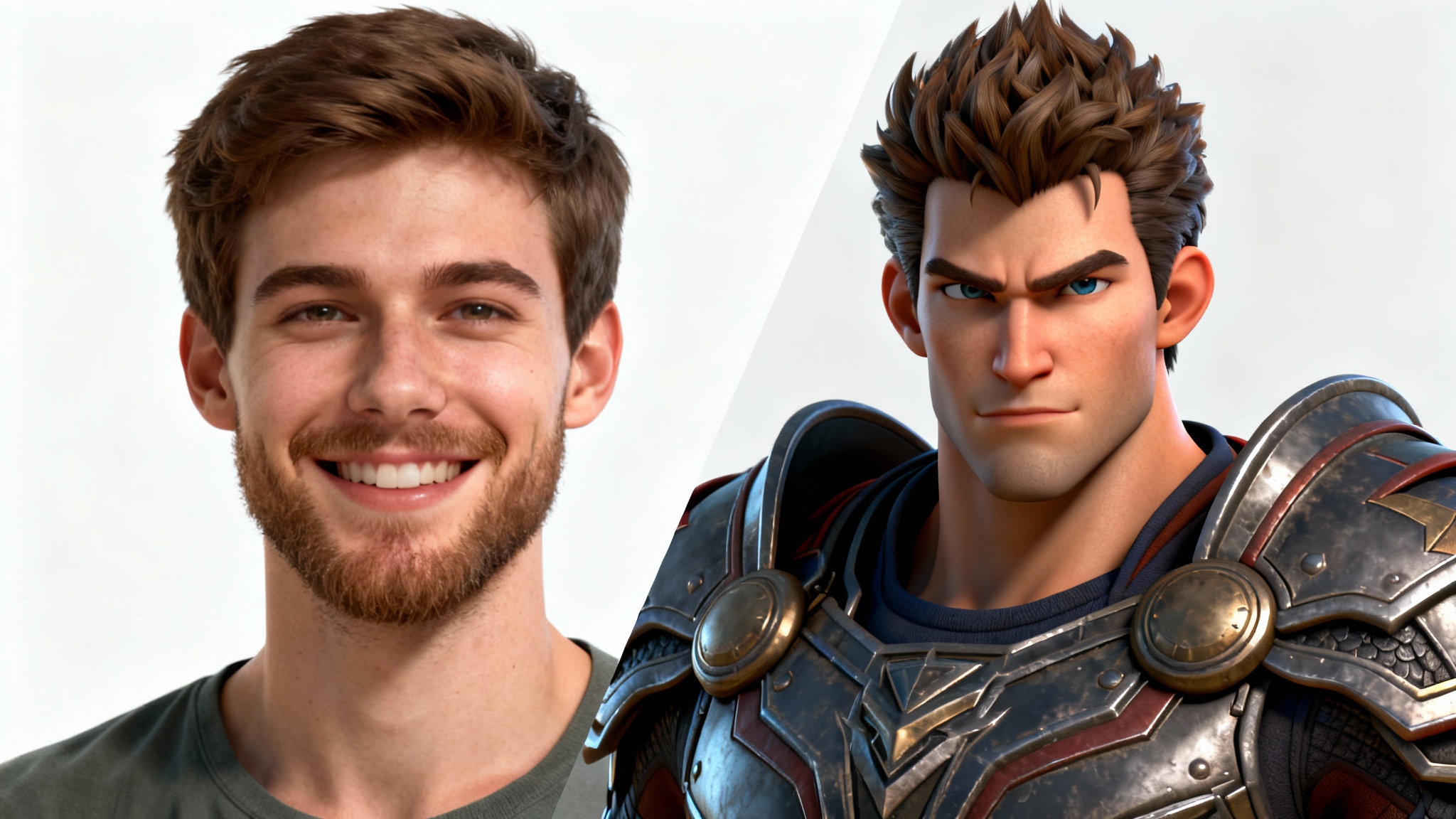 A split-screen image showing a transformation; the left side is a realistic photo of a man, and the right side is a stylized 3D video game character version of the same man.