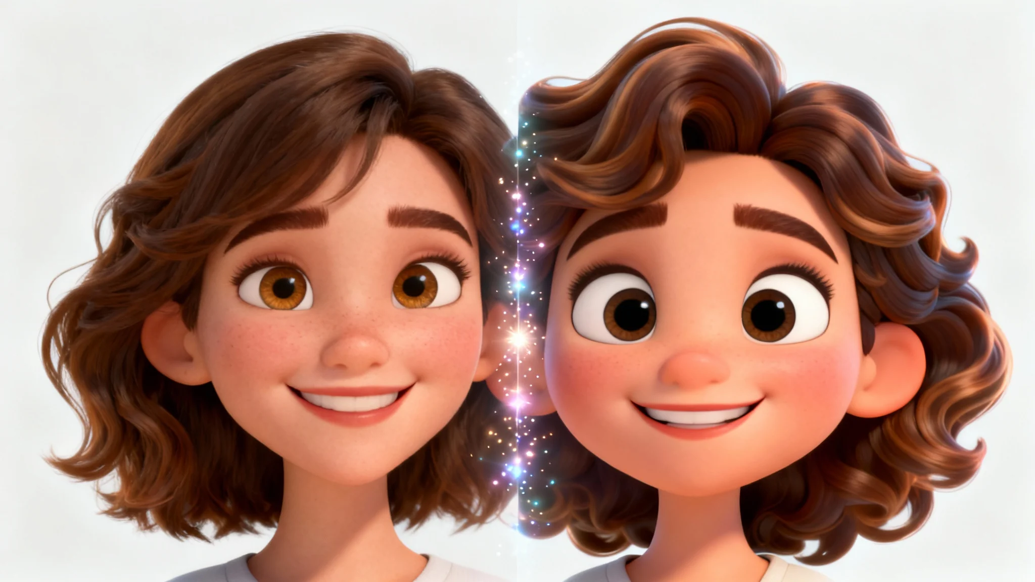 A split-screen image demonstrating an 'image to character' transformation. The left side shows a realistic photo of a woman, and the right side shows her stylized 3D animated character version.