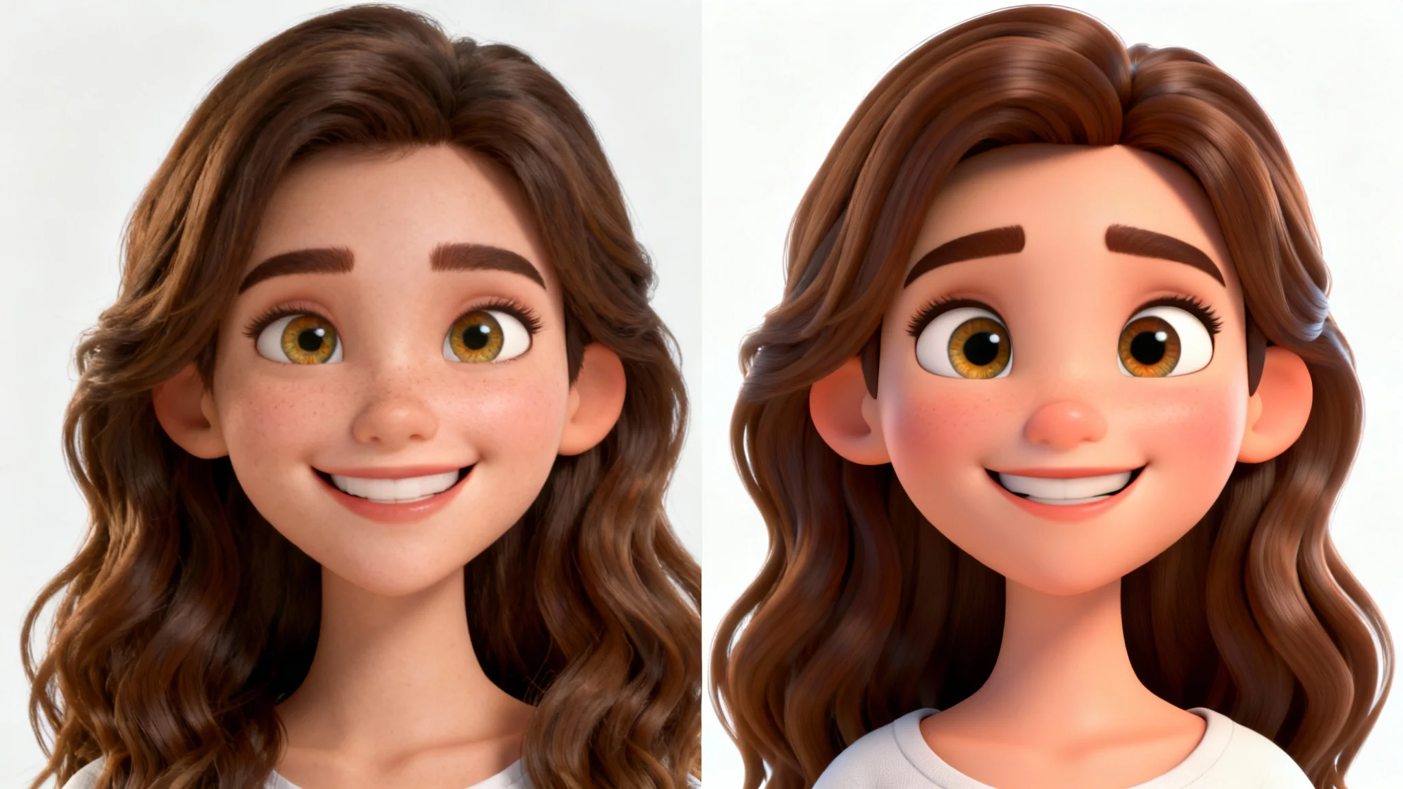 A before-and-after image showing a realistic photo of a smiling woman on the left and her stylized 3D animated character version on the right, demonstrating an image-to-character transformation.