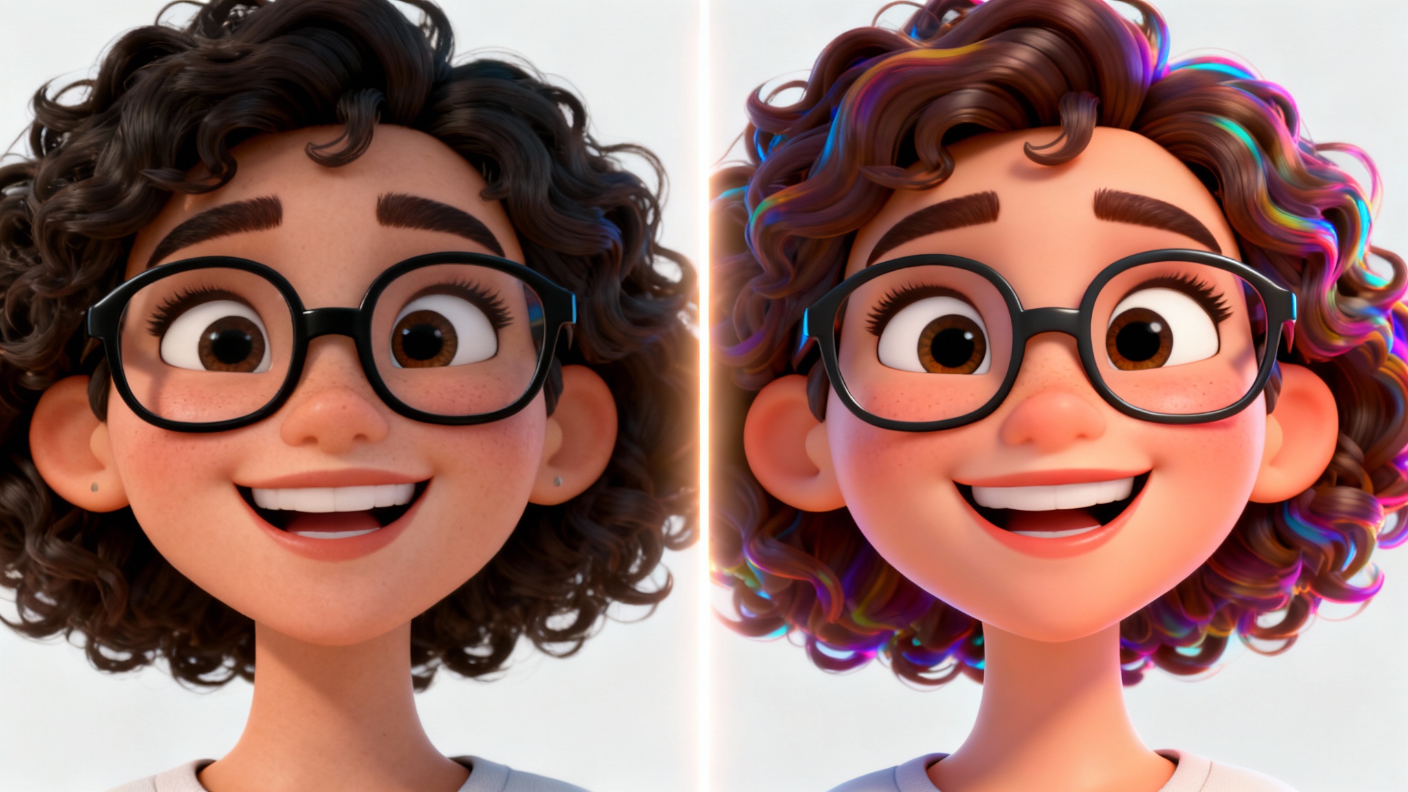 A split-screen comparison showing a realistic photo of a smiling woman on the left and her stylized 3D character version on the right, demonstrating an image-to-character transformation.