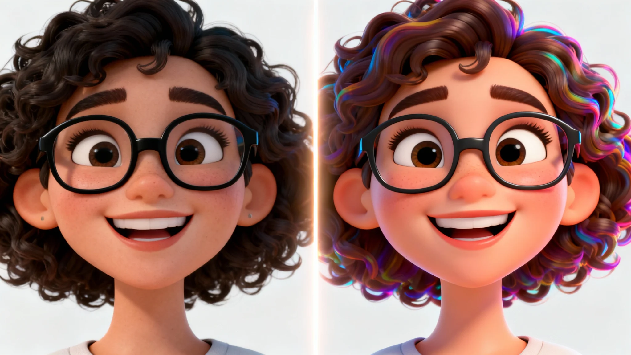 A split-screen comparison showing a realistic photo of a smiling woman on the left and her stylized 3D character version on the right, demonstrating an image-to-character transformation.