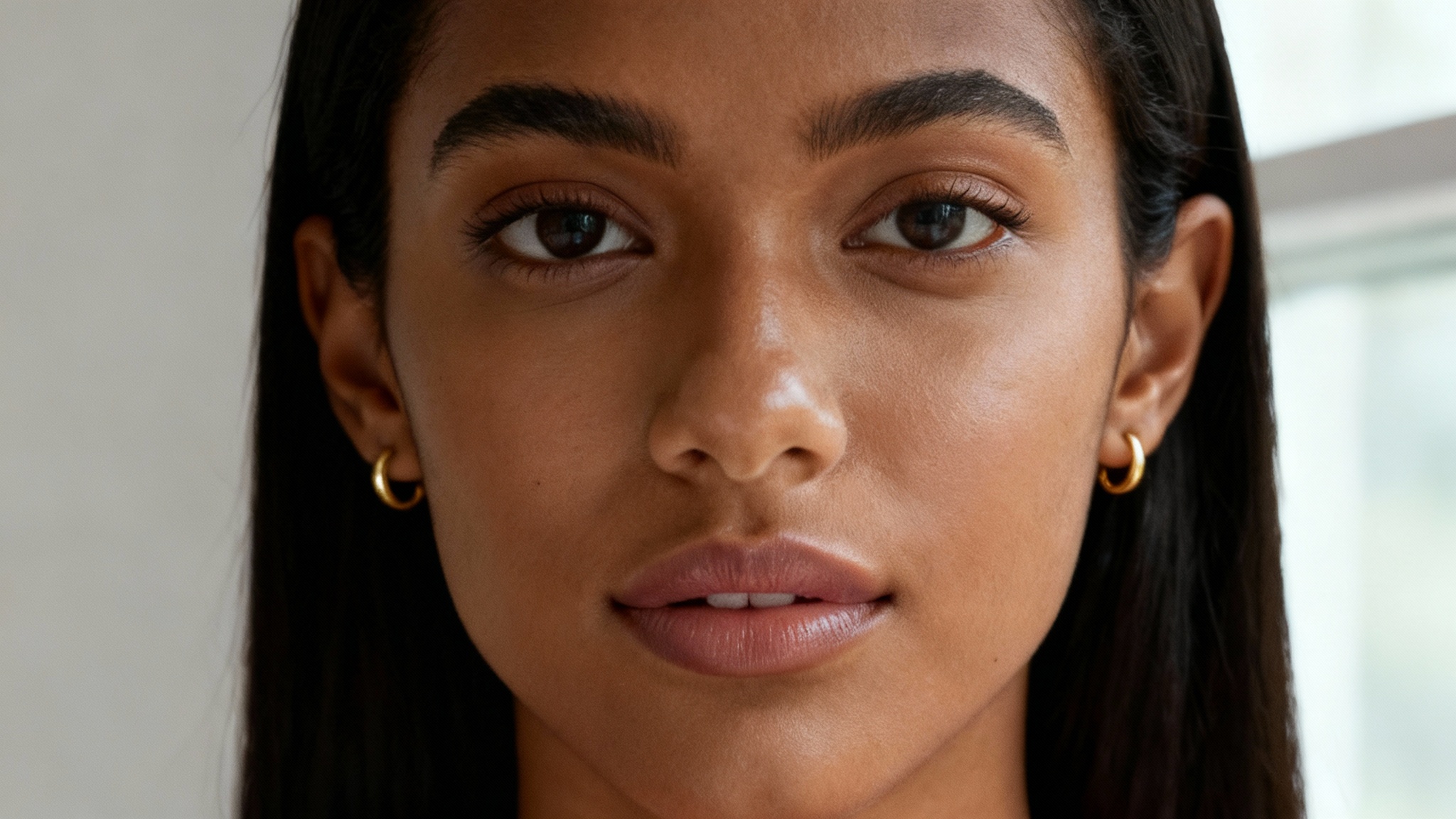 A close-up portrait of a woman with a perfectly matte complexion, demonstrating the result of a tool that removes facial shine from a photo.