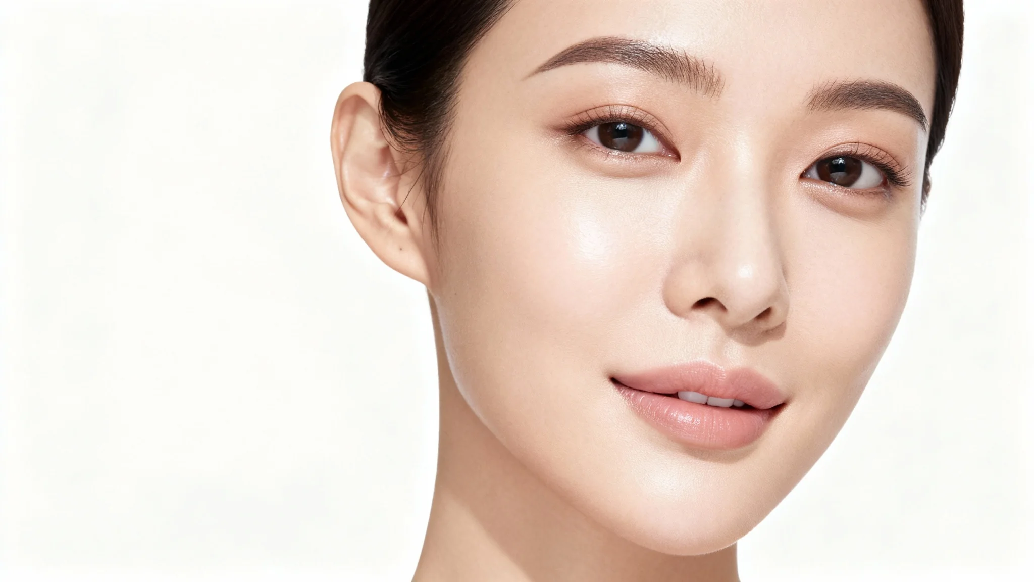 A photorealistic close-up of a person's face with a perfectly matte, non-shiny complexion, set against a solid white background, illustrating the effect of shine removal.