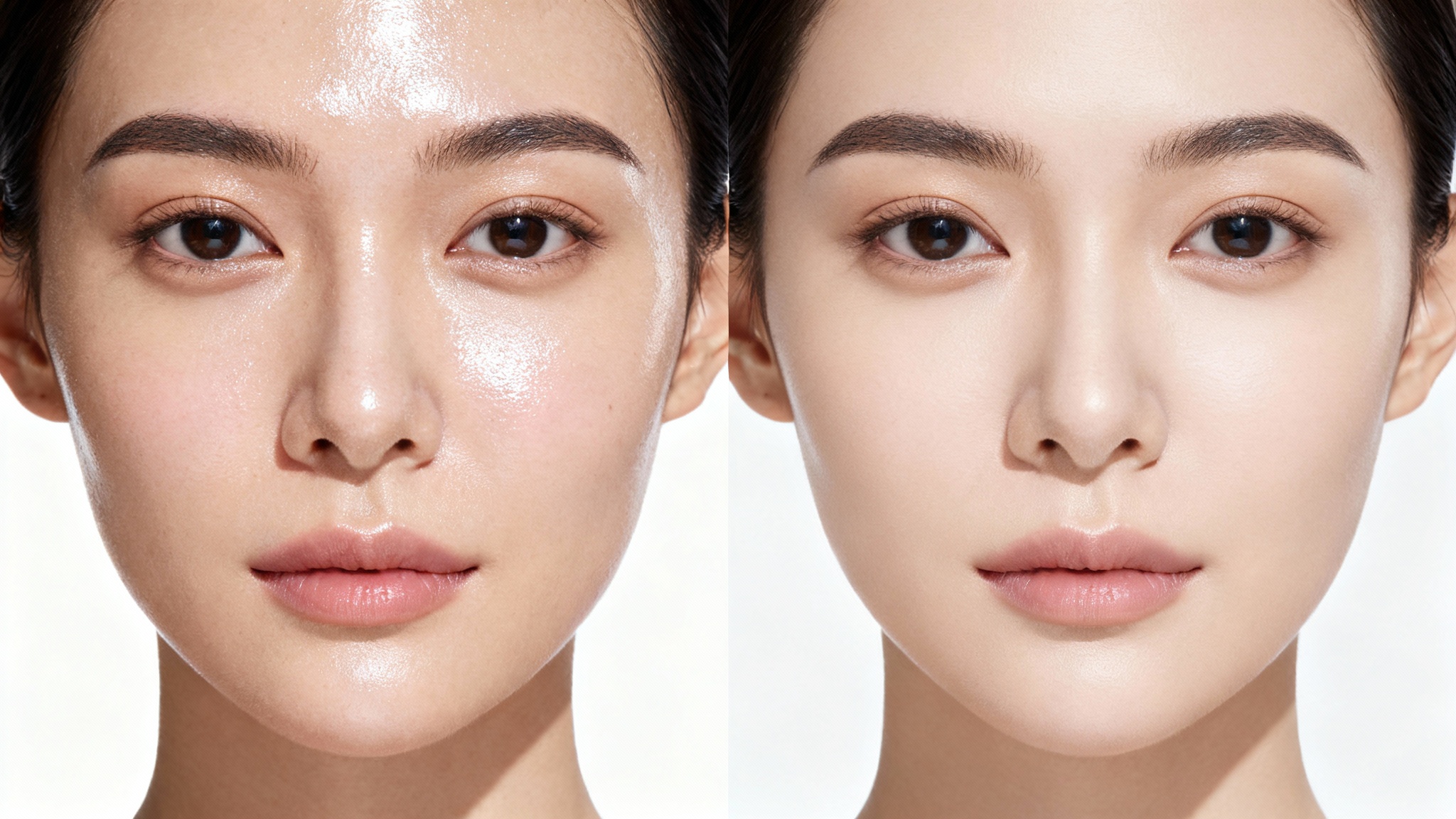 A split-screen close-up of a face. The left half shows oily, shiny skin, and the right half shows smooth, matte skin, demonstrating a shine removal effect against a white background.