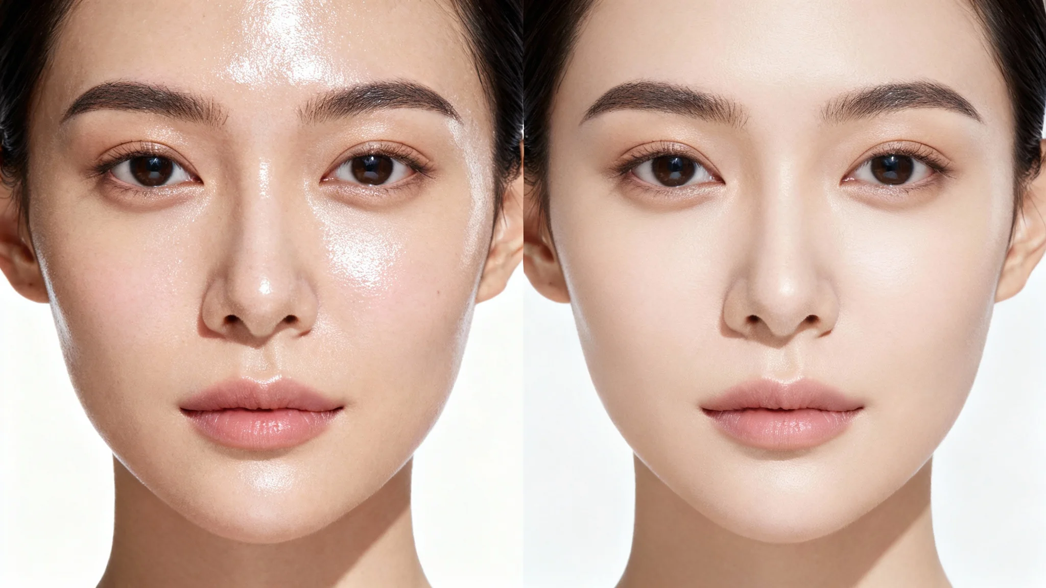 A split-screen close-up of a face. The left half shows oily, shiny skin, and the right half shows smooth, matte skin, demonstrating a shine removal effect against a white background.