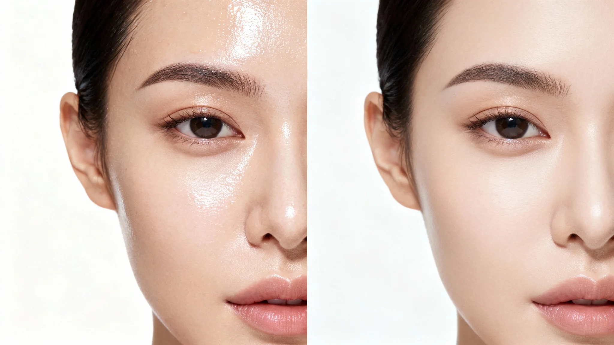 A split-screen close-up of a woman's face, showing a before-and-after comparison. The left side displays shiny, oily skin, while the right side is perfectly matte and smooth, illustrating the removal of facial shine.