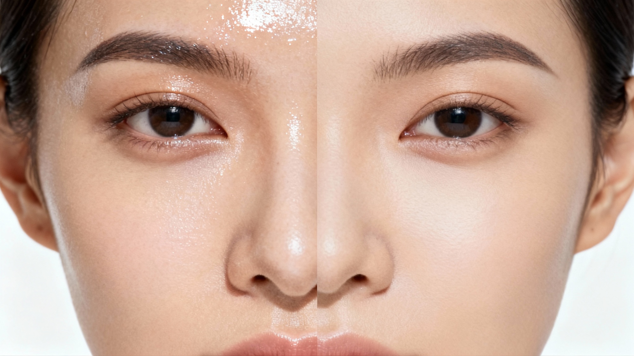 A close-up portrait of a person's face split down the middle. The left side shows shiny, oily skin, while the right side shows a smooth, matte finish, demonstrating a shine removal effect.