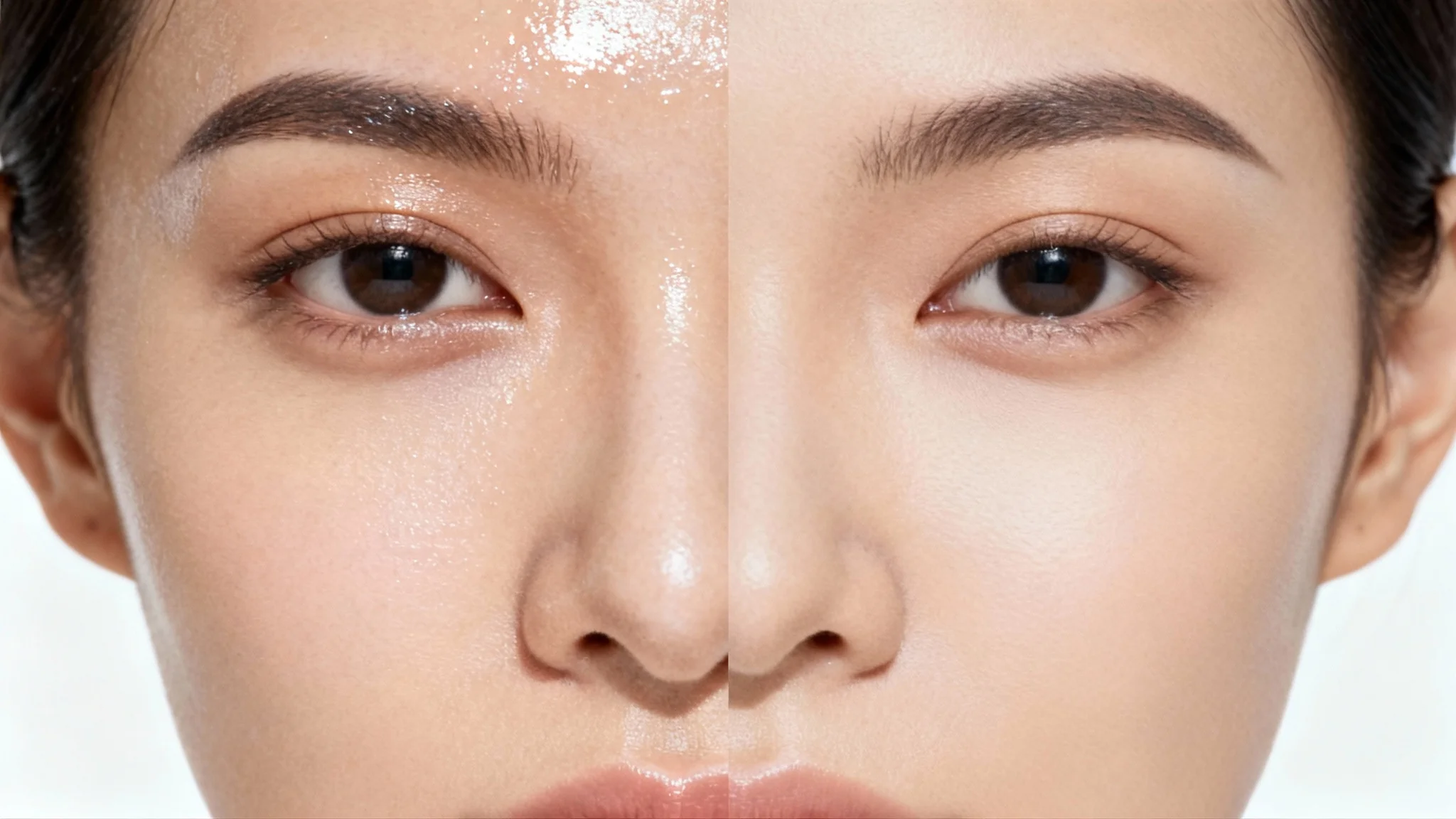 A close-up portrait of a person's face split down the middle. The left side shows shiny, oily skin, while the right side shows a smooth, matte finish, demonstrating a shine removal effect.