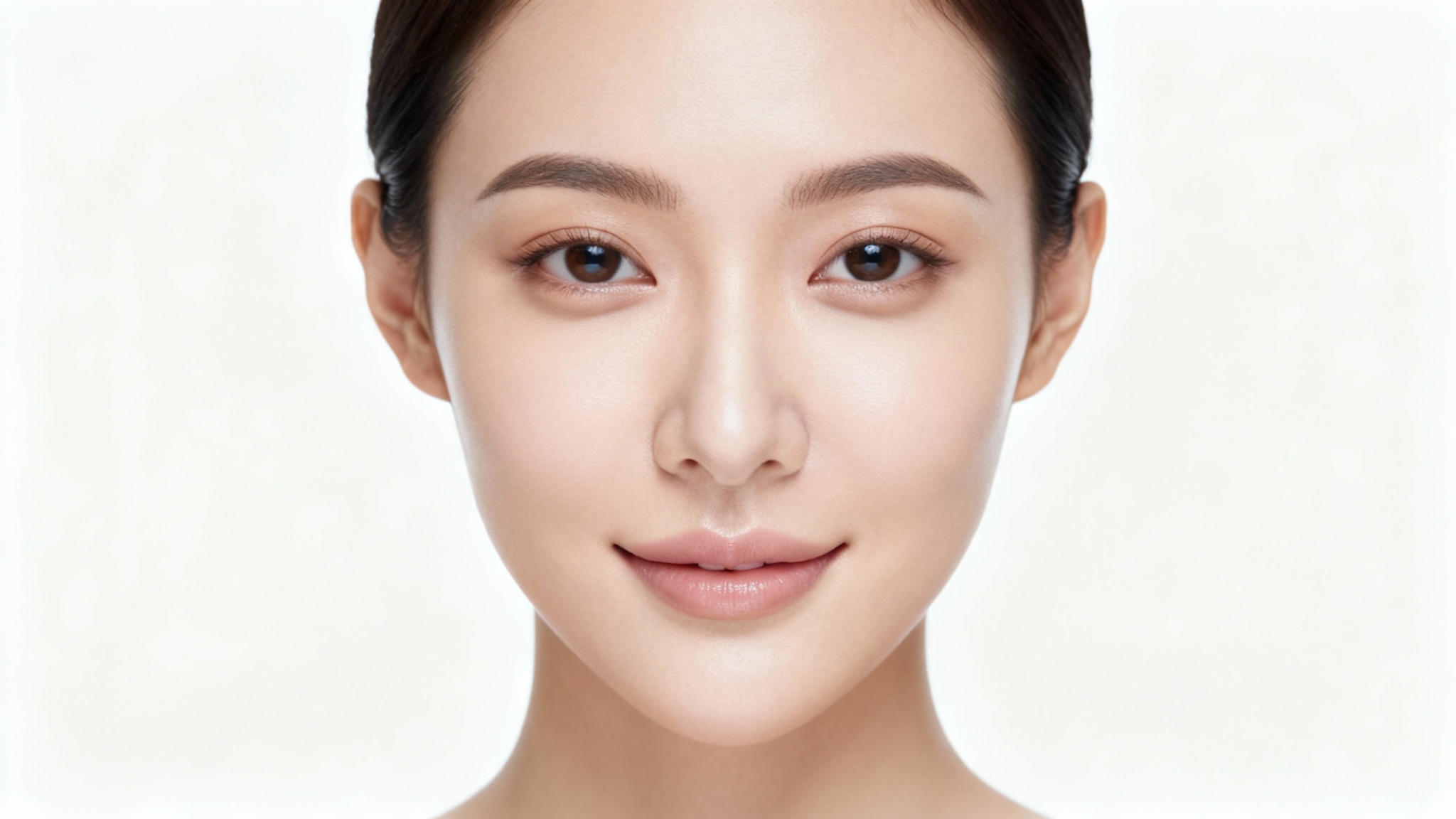 A professional close-up photo of a person's face with a perfectly matte, shine-free complexion, against a solid white background.