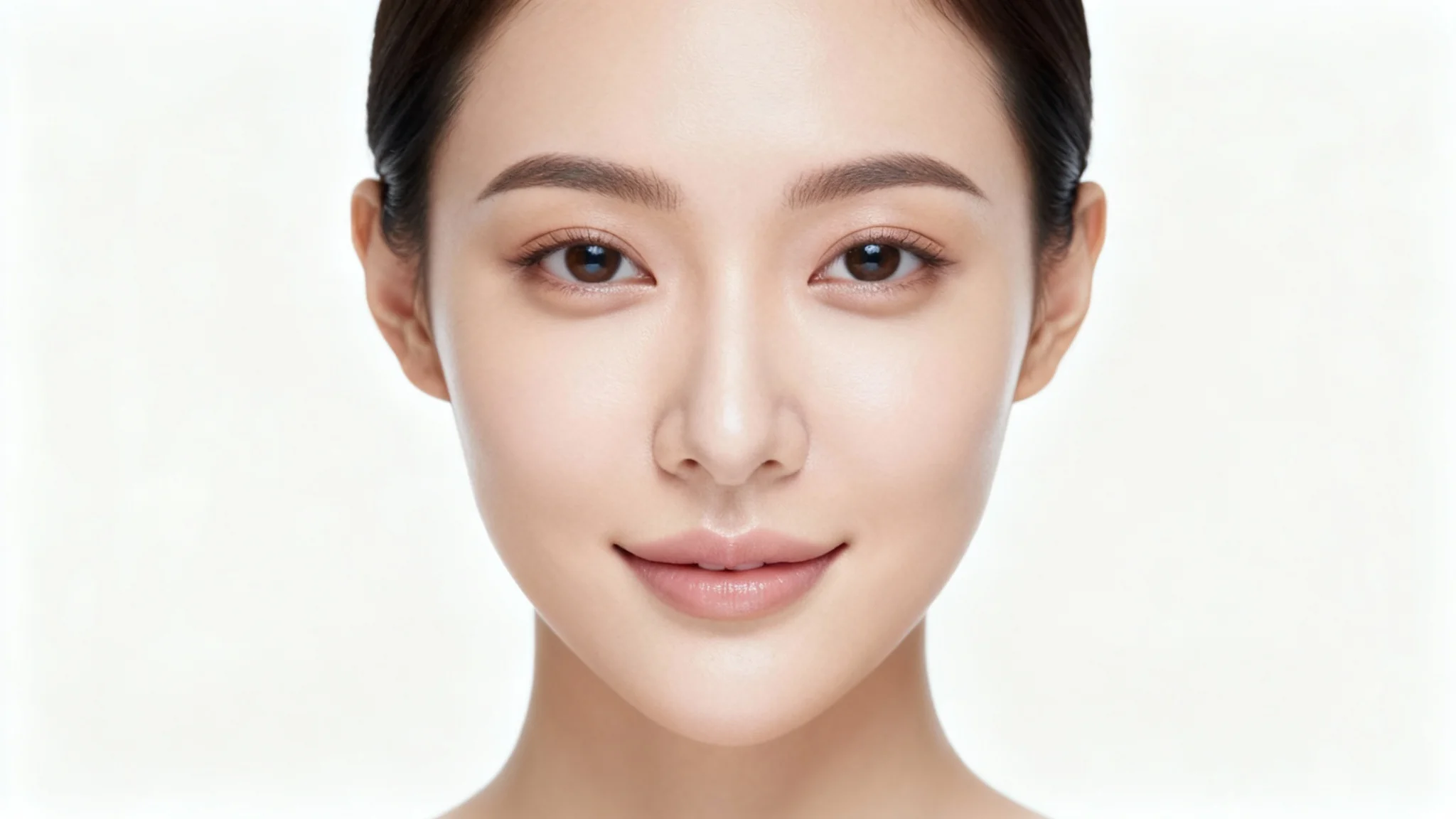 A professional close-up photo of a person's face with a perfectly matte, shine-free complexion, against a solid white background.