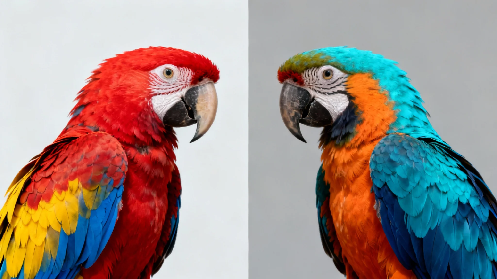 A split-screen hero image demonstrating a color inverter tool. On the left is a colorful macaw parrot; on the right is the same parrot with its colors inverted, appearing in shades of cyan, orange, and purple.