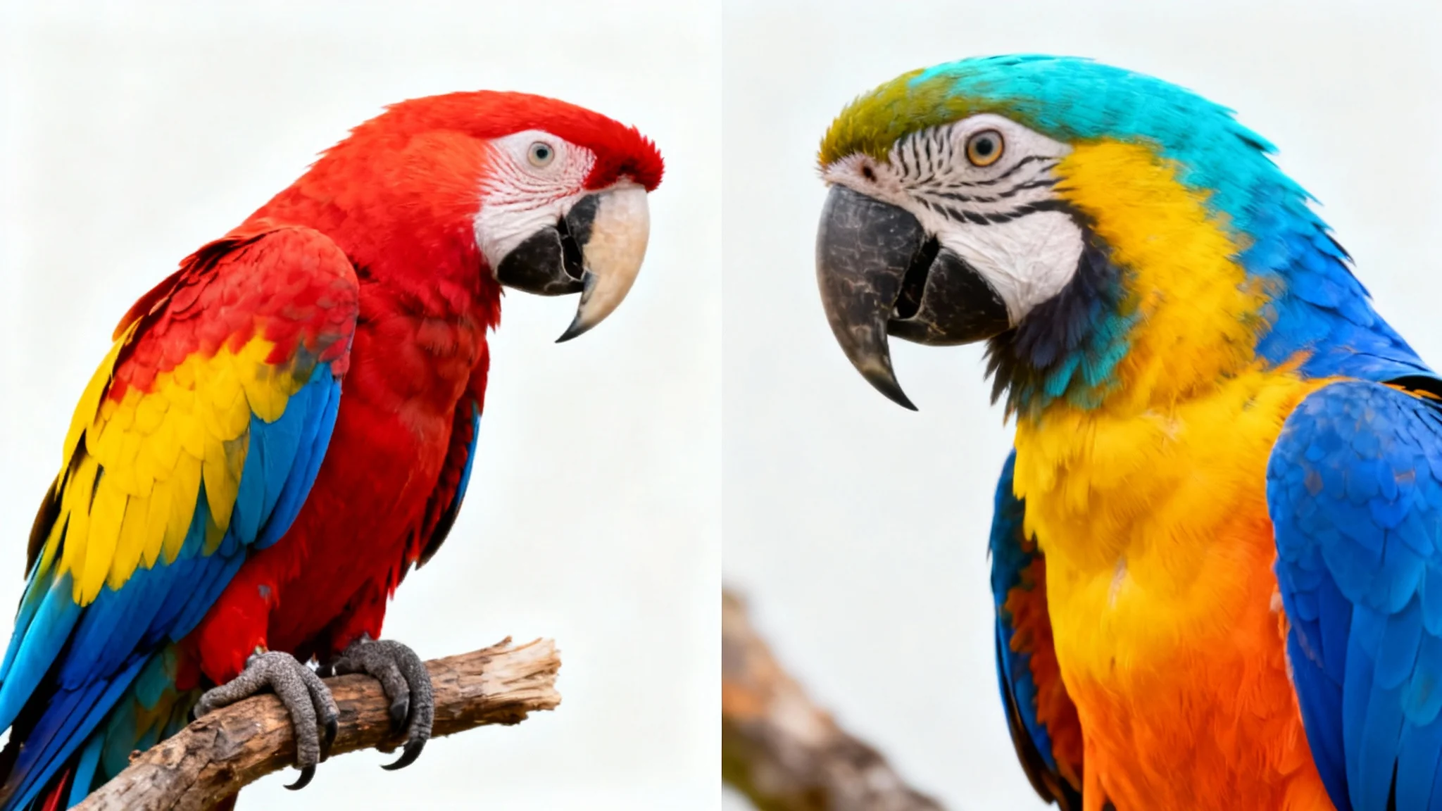A split image demonstrating a color inverter effect. The left side shows a colorful macaw parrot with red, yellow, and blue feathers. The right side shows the same parrot with its colors inverted, appearing in cyan, blue, and orange.
