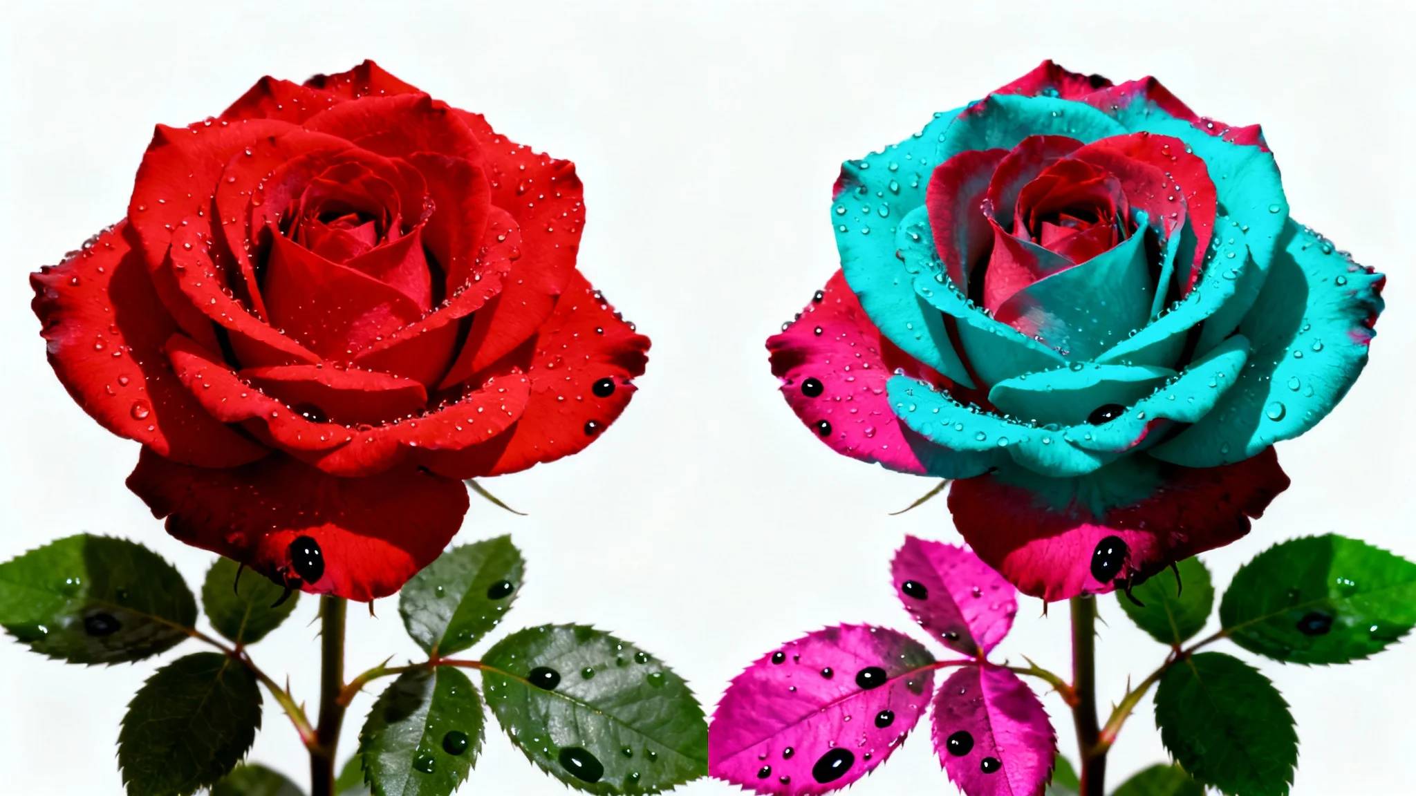 A macro photograph of a rose split vertically. The left side shows a natural red rose with green leaves, and the right side shows the same image with its colors inverted, resulting in a cyan rose with magenta leaves.