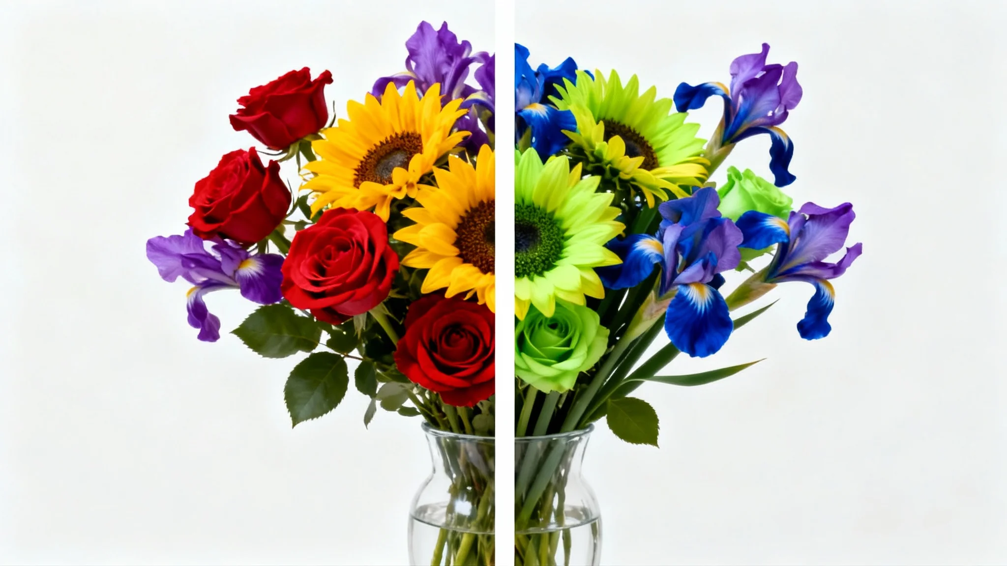 A before-and-after image demonstrating a color inverter. The left side shows a colorful bouquet of red, yellow, and purple flowers. The right side shows the same bouquet with inverted colors, appearing as cyan, blue, and green, all against a plain white background.