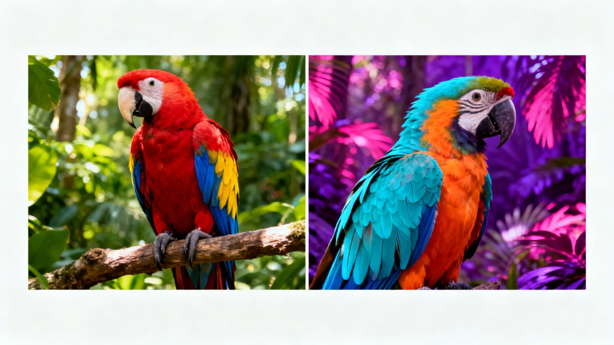 A split image demonstrating a color inverter. The left side shows a colorful macaw in the jungle. The right side shows the same image with all colors inverted, resulting in a cyan and orange macaw against a magenta background.