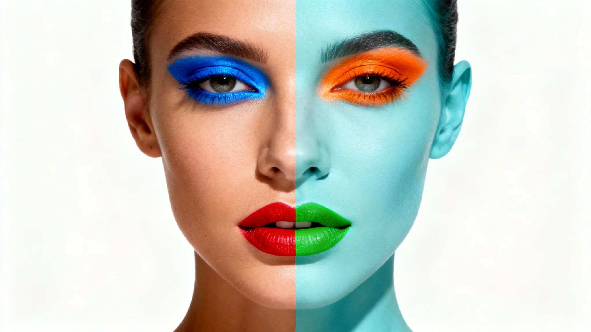 A close-up portrait of a woman, split vertically down the center. The left side is a normal color photo, and the right side is the color-inverted negative of the same image, demonstrating a color inverter effect against a plain white background.