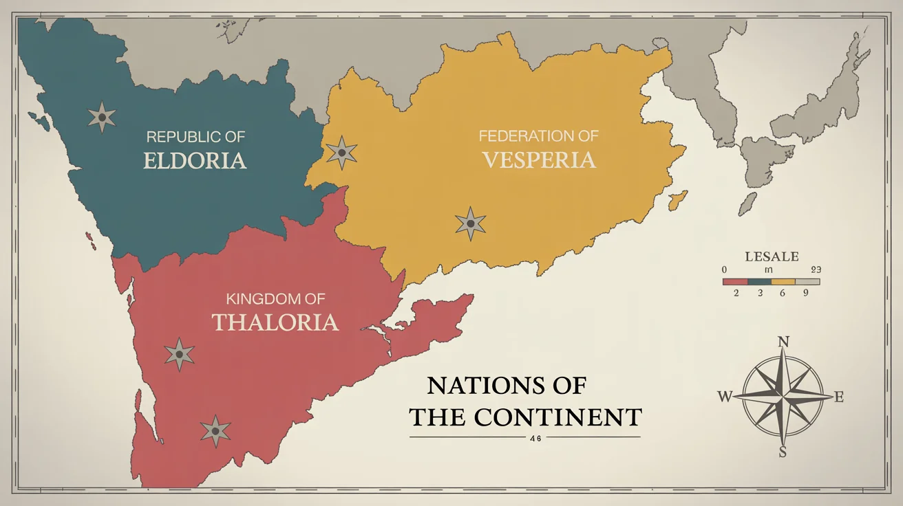 A professionally designed political map titled 'Nations of the Continent' on a white background. The map shows various color-coded countries with clear borders, city markers, a legend, and a compass rose, representing a high-quality final design.