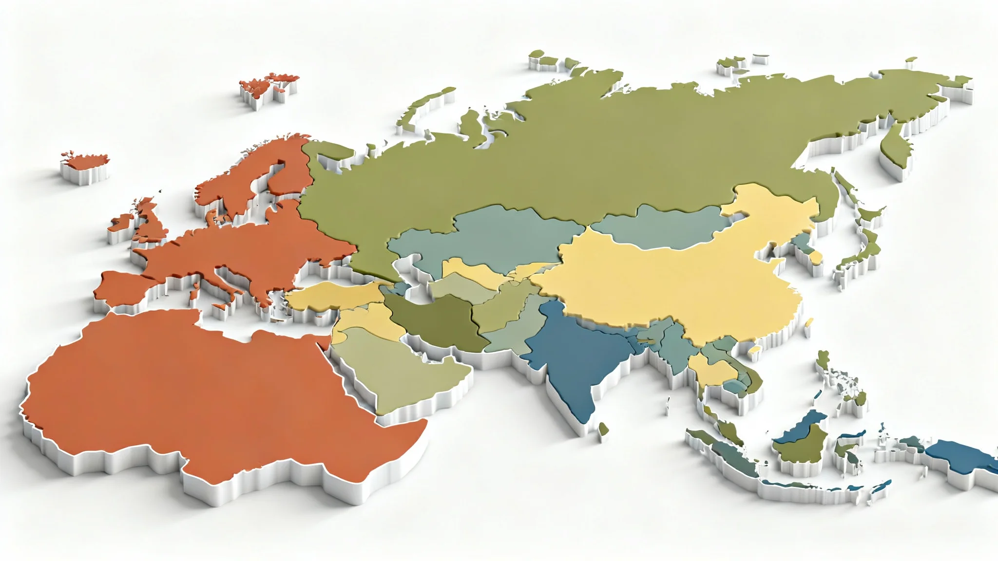 A modern, stylized political map showing several countries in muted earth tones, with clean white borders, set against a plain white background.