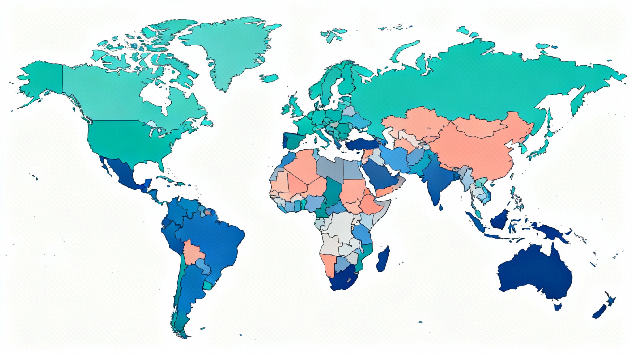 A colorful and modern political world map with distinct country borders, presented in a clean, flat graphic design style against a white background.