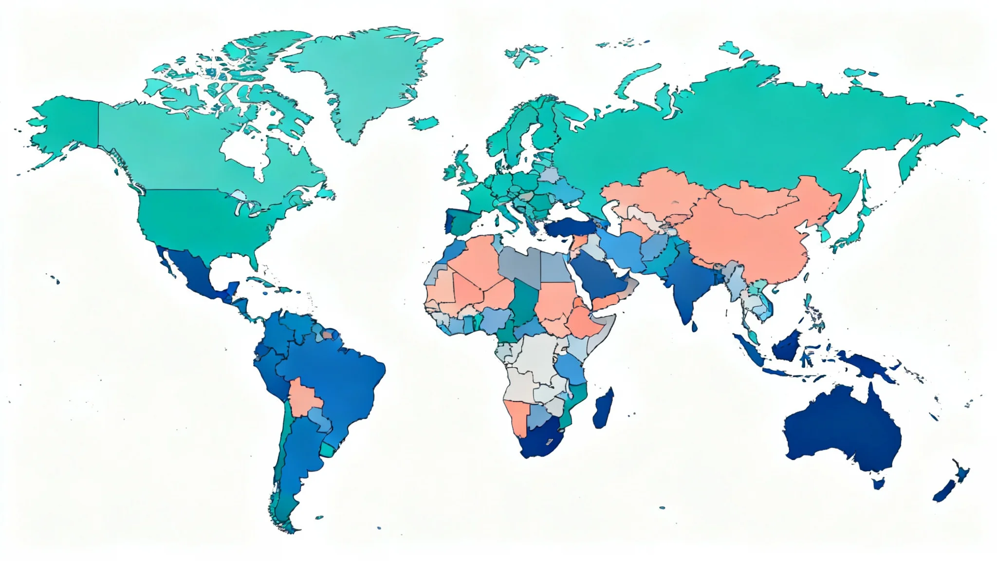 A colorful and modern political world map with distinct country borders, presented in a clean, flat graphic design style against a white background.