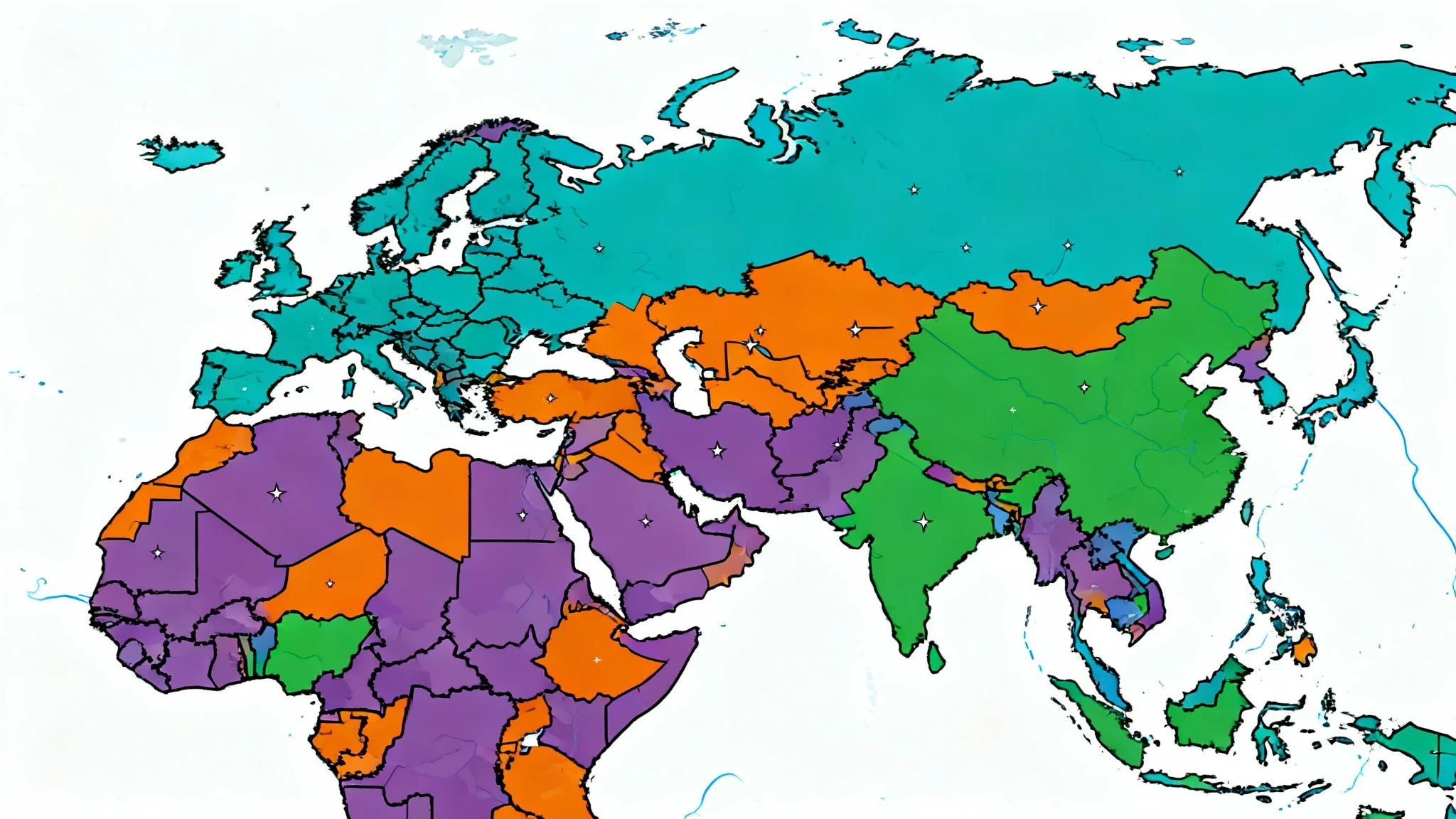 A colorful political map of a fictional continent, showing different countries in vibrant colors with clear borders, all on a clean white background.