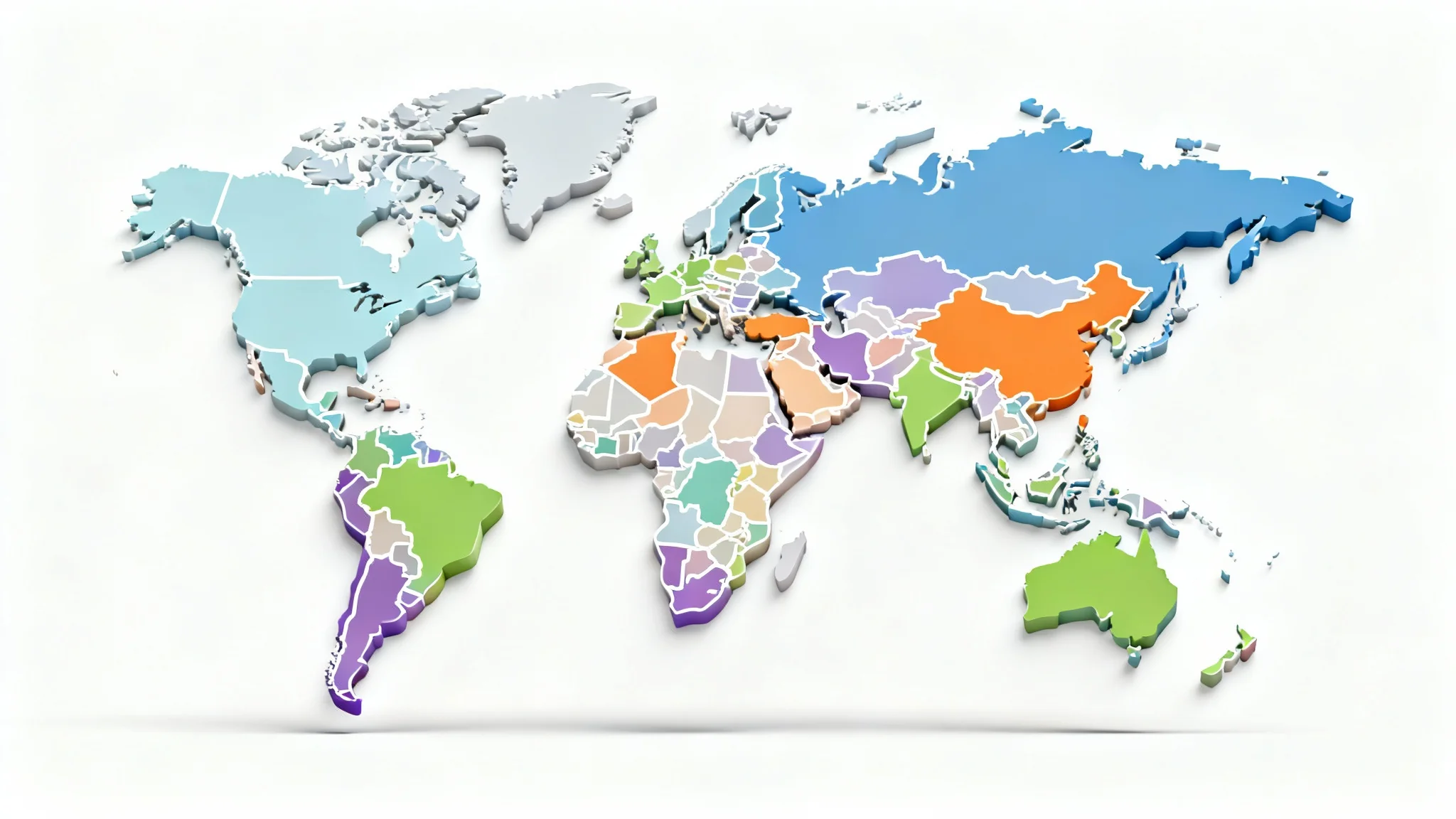 A stylized 3D political map showing several distinct countries in various pastel colors, presented on a clean white background.