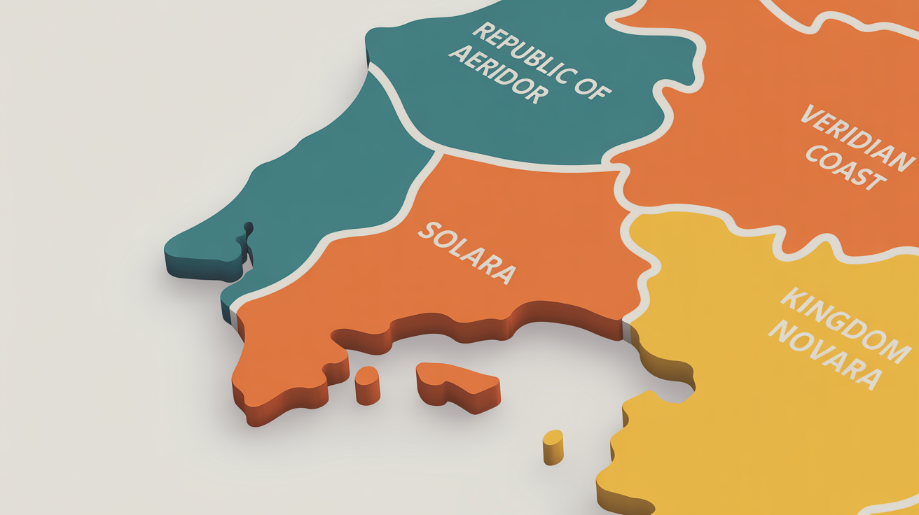 A colorful, modern-style political map of a fictional continent on a plain white background. Each country is a different color with clear, distinct borders and fictional names.