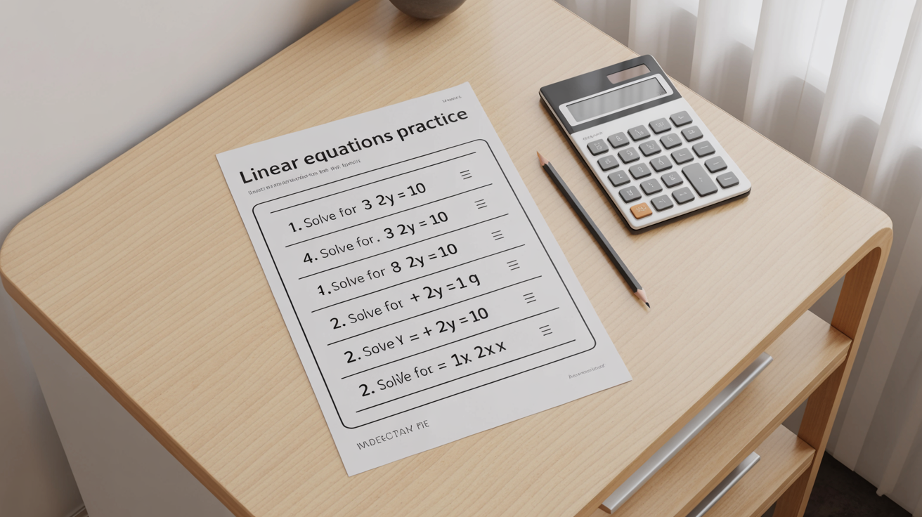 A professionally designed worksheet for solving linear equations, shown on a desk with a pencil and calculator, representing a finished educational resource.