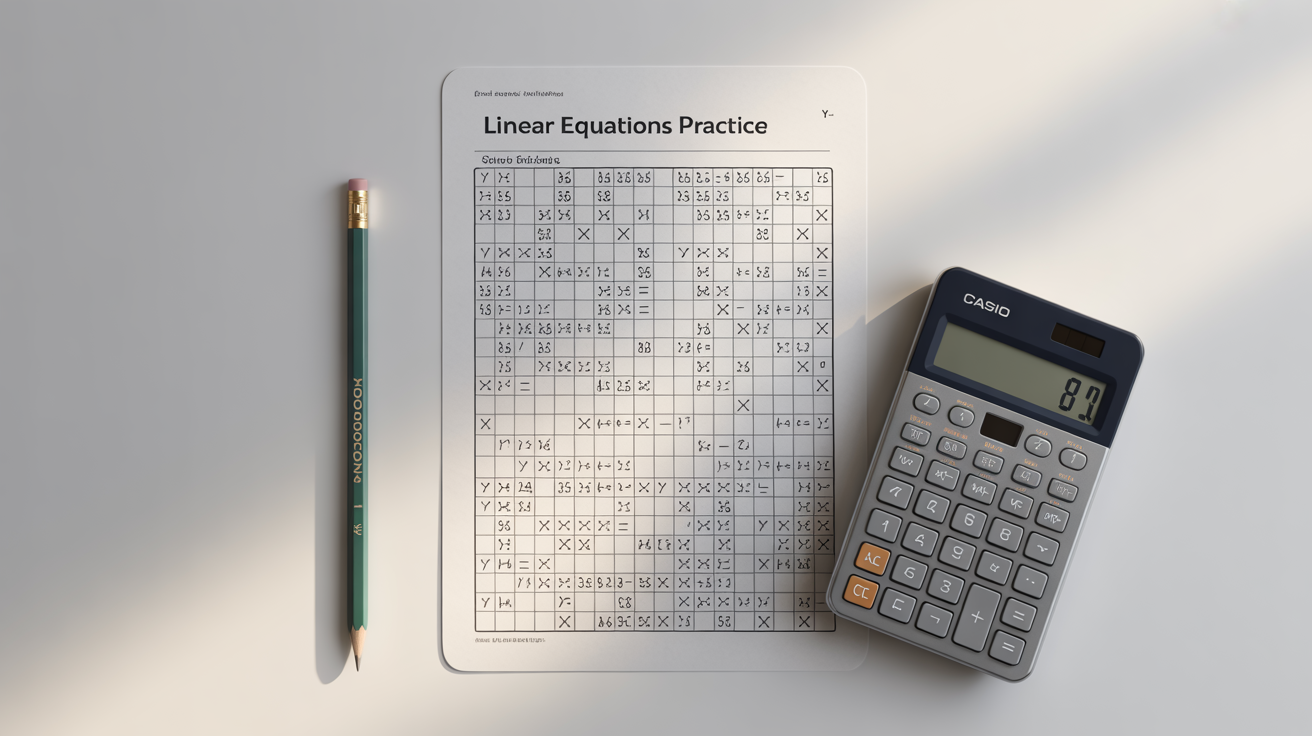 A mockup of a high school math worksheet for linear equations, featuring graphs and problems, with a pencil and calculator resting beside it on a white surface.