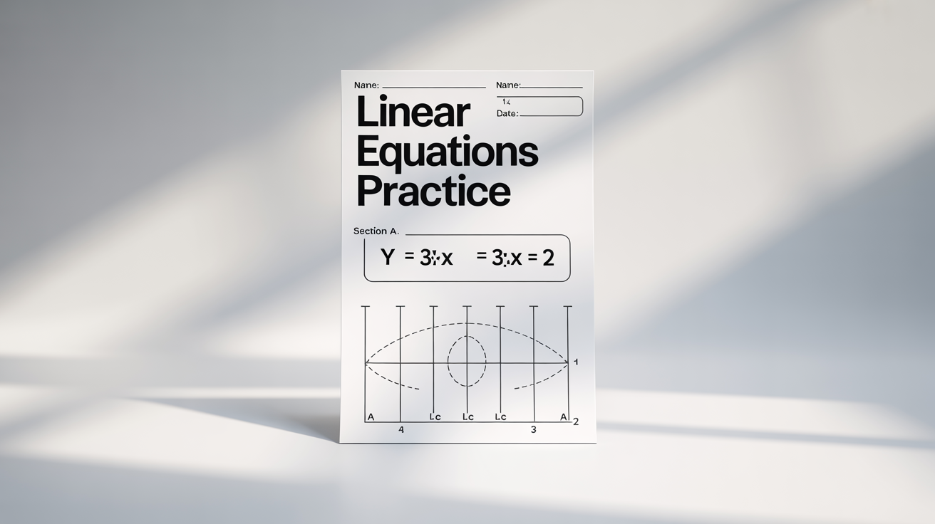 A professionally designed math worksheet about linear equations, showing practice problems and a blank graph, presented on a clean white background.