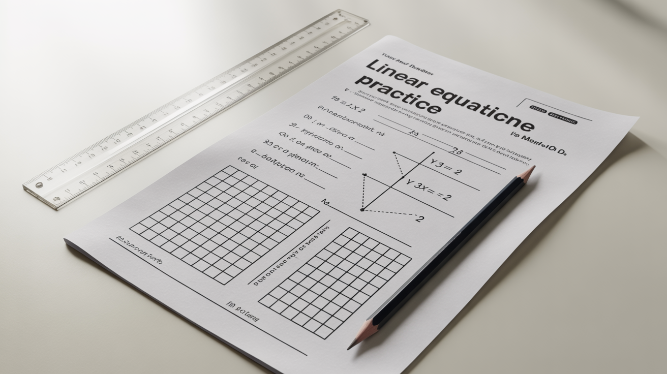 A top-down view of a linear equations math worksheet with problems and graphs, with a pencil and ruler next to it on a white surface.