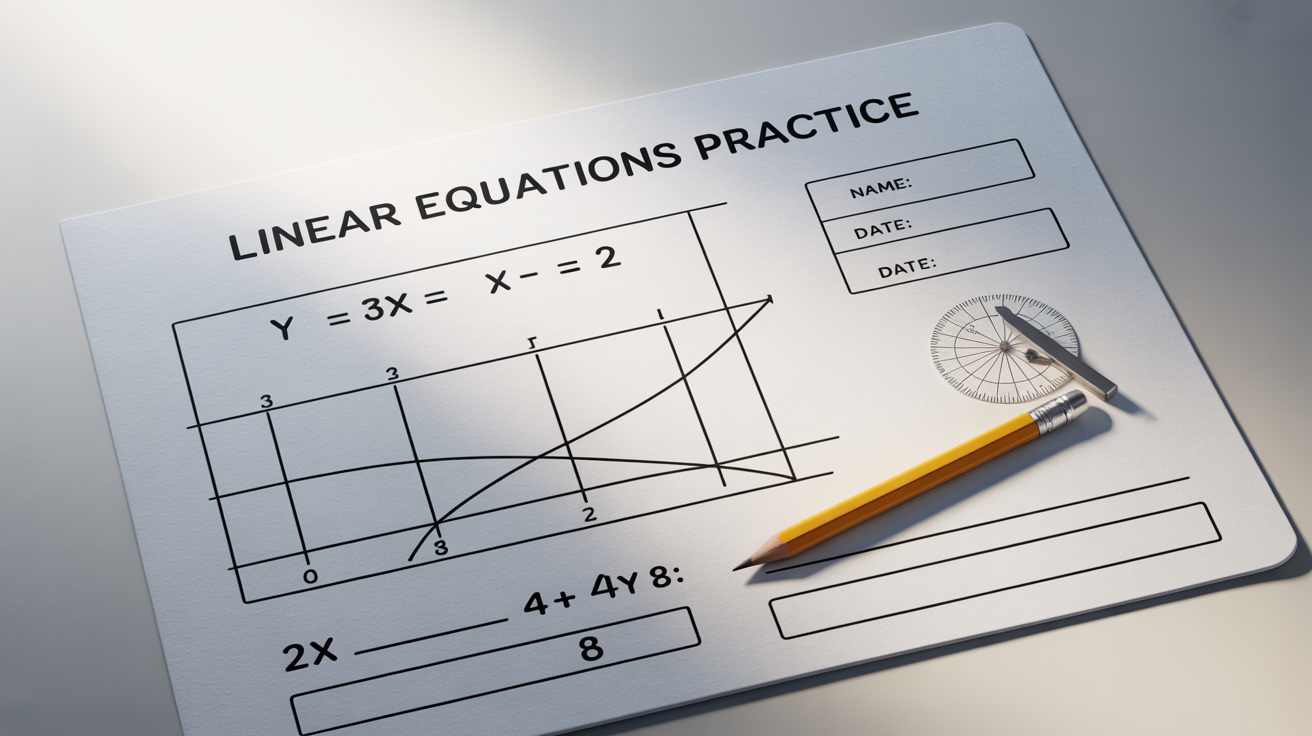 A clean and modern mockup of a linear equations worksheet lying on a white surface, with a pencil resting on it.