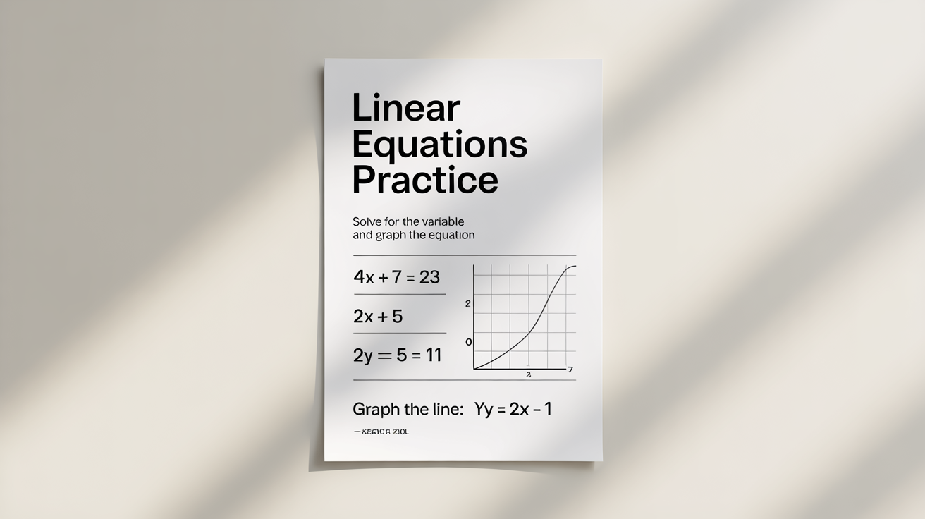 A professional-looking mockup of a math worksheet on linear equations, featuring several problems and a blank graph, set against a clean white background.