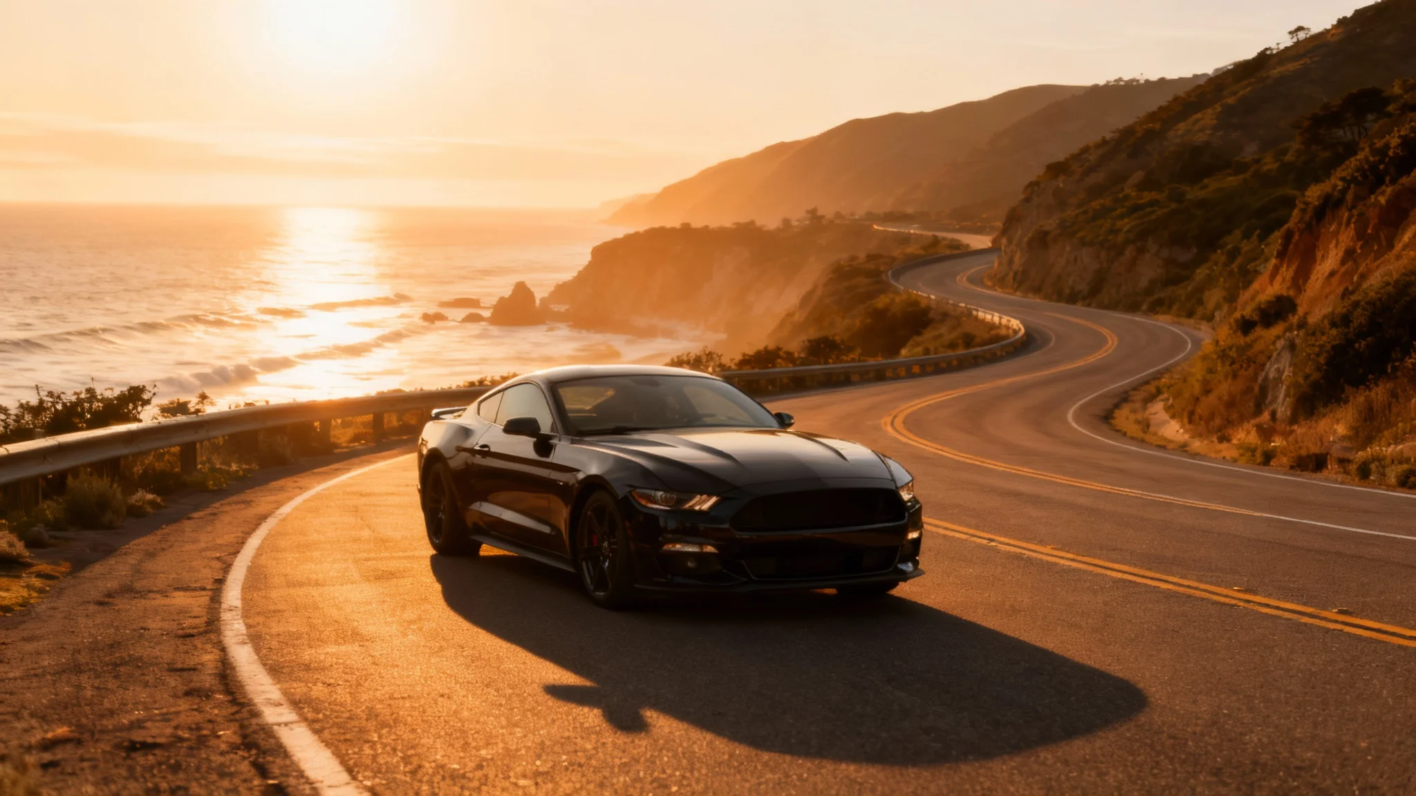 A sleek black sports car, perfectly cut out from its original city background and placed onto a scenic coastal highway at sunset, demonstrating a flawless background replacement.