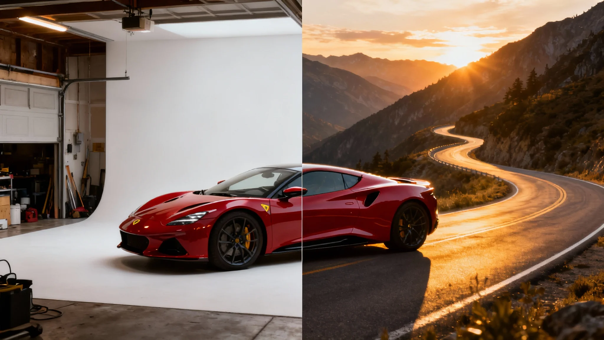 A conceptual image showing a red sports car split in two: the left side is in a cluttered garage, and the right side is on a beautiful mountain road, illustrating a background replacement service.