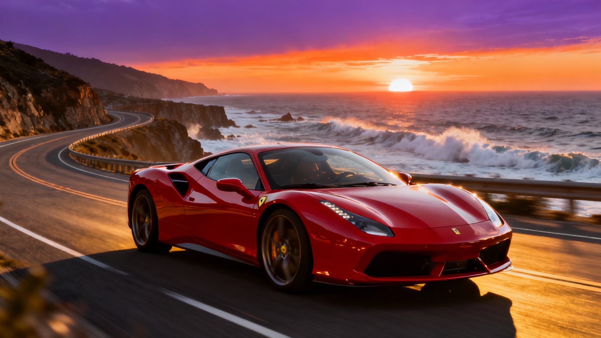 A pristine red sports car perfectly placed on a dramatic coastal highway at sunset, demonstrating a seamless car background replacement.