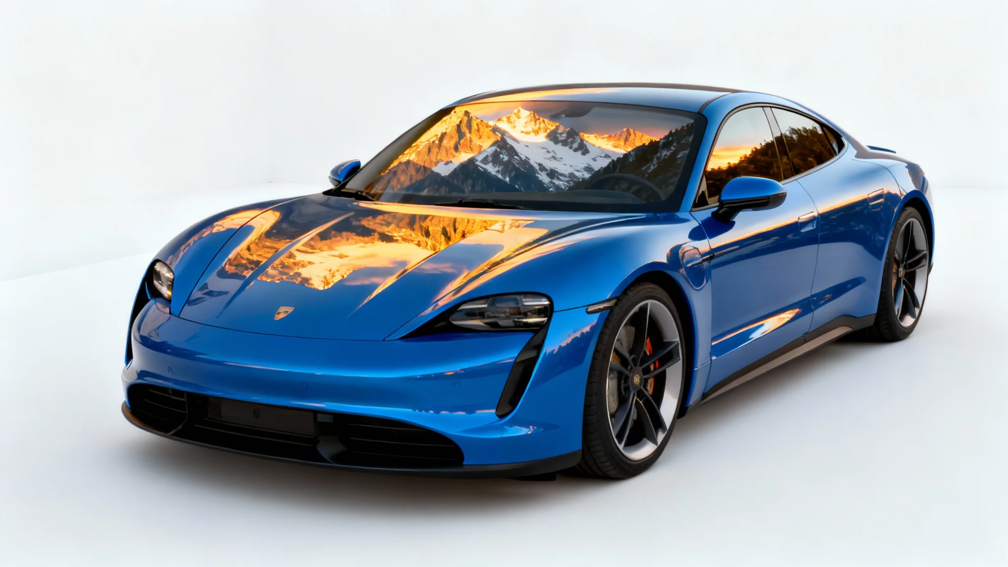 A sleek electric blue sports car on a plain white background, with a dramatic mountain sunset scene perfectly reflected on its polished surface, visually demonstrating the car background replacement feature.