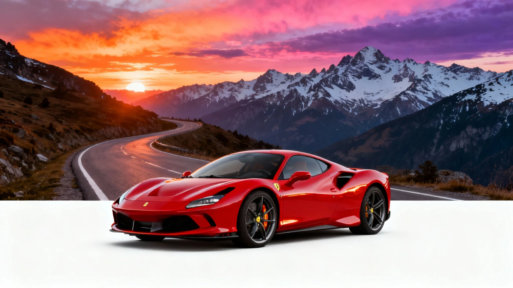 A red sports car, originally in one setting, has its background replaced with a stunning image of a mountain range at sunset, demonstrating a background replacement feature.