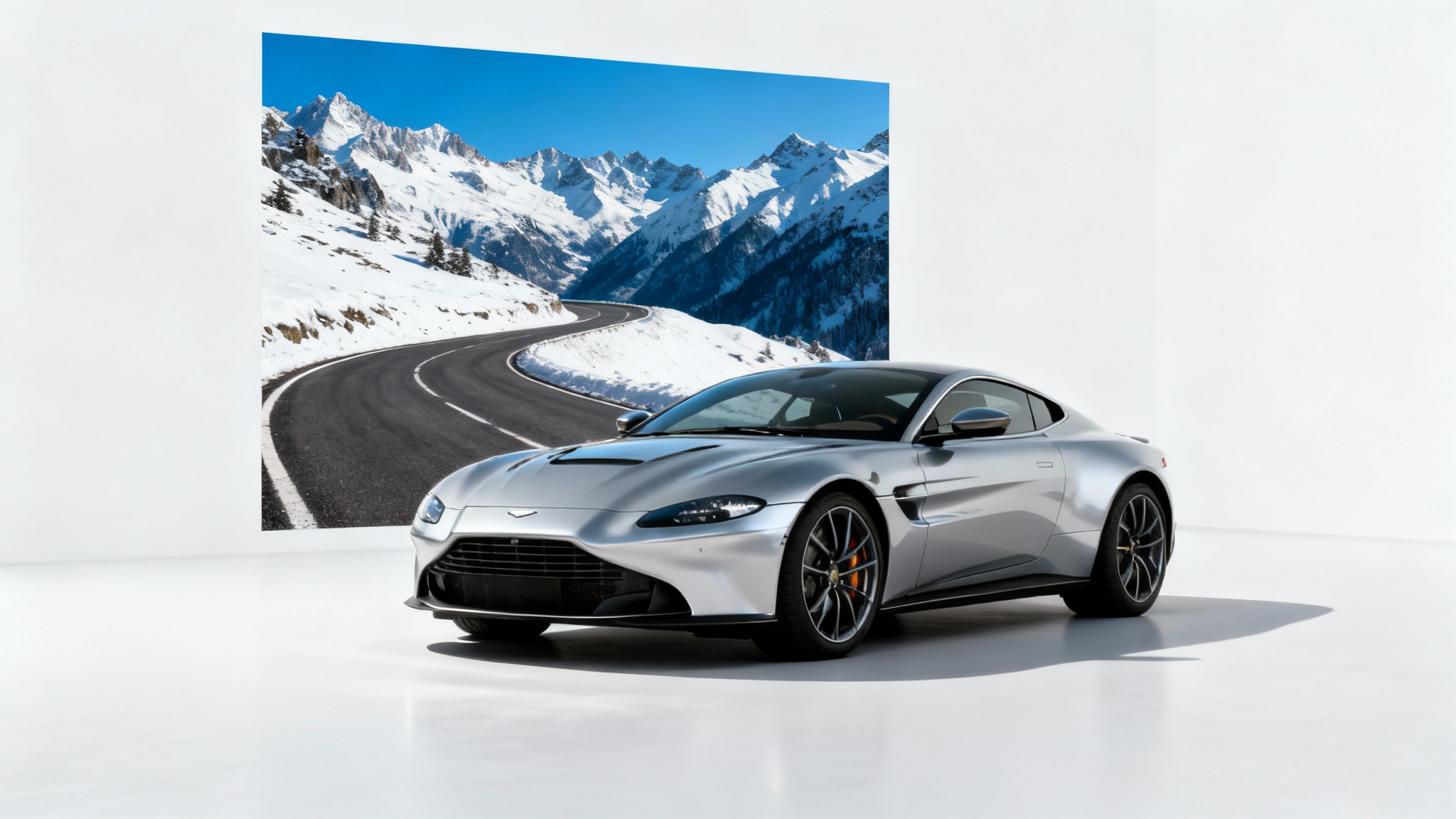 A mockup illustrating the car background replacement feature, showing a silver sports car seamlessly placed onto a scenic, snowy mountain road, all set against a clean white background.