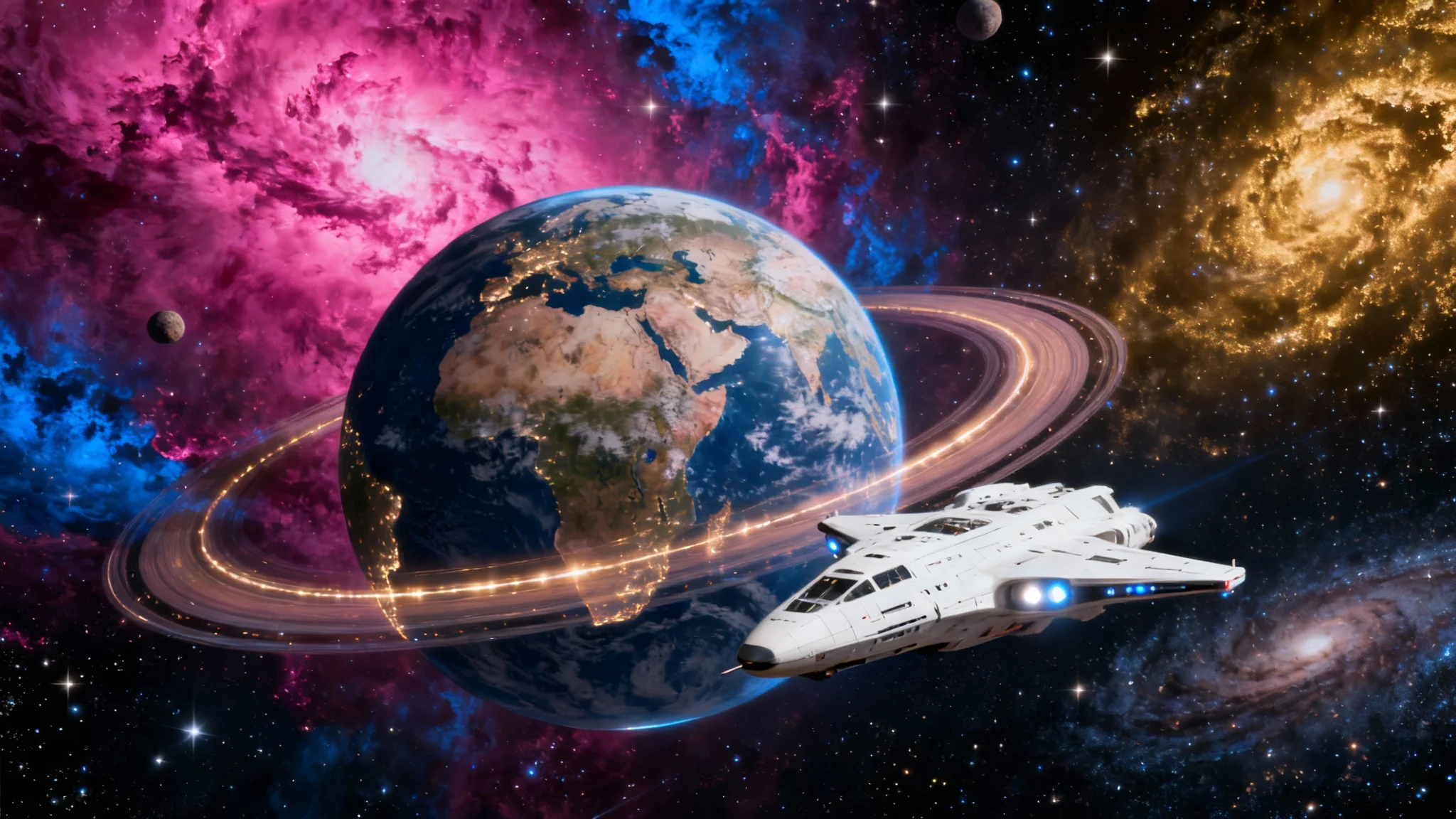 An awe-inspiring cinematic view of a distant space world, featuring a vibrant pink and purple nebula, a ringed alien planet, and a futuristic spaceship exploring the cosmos.