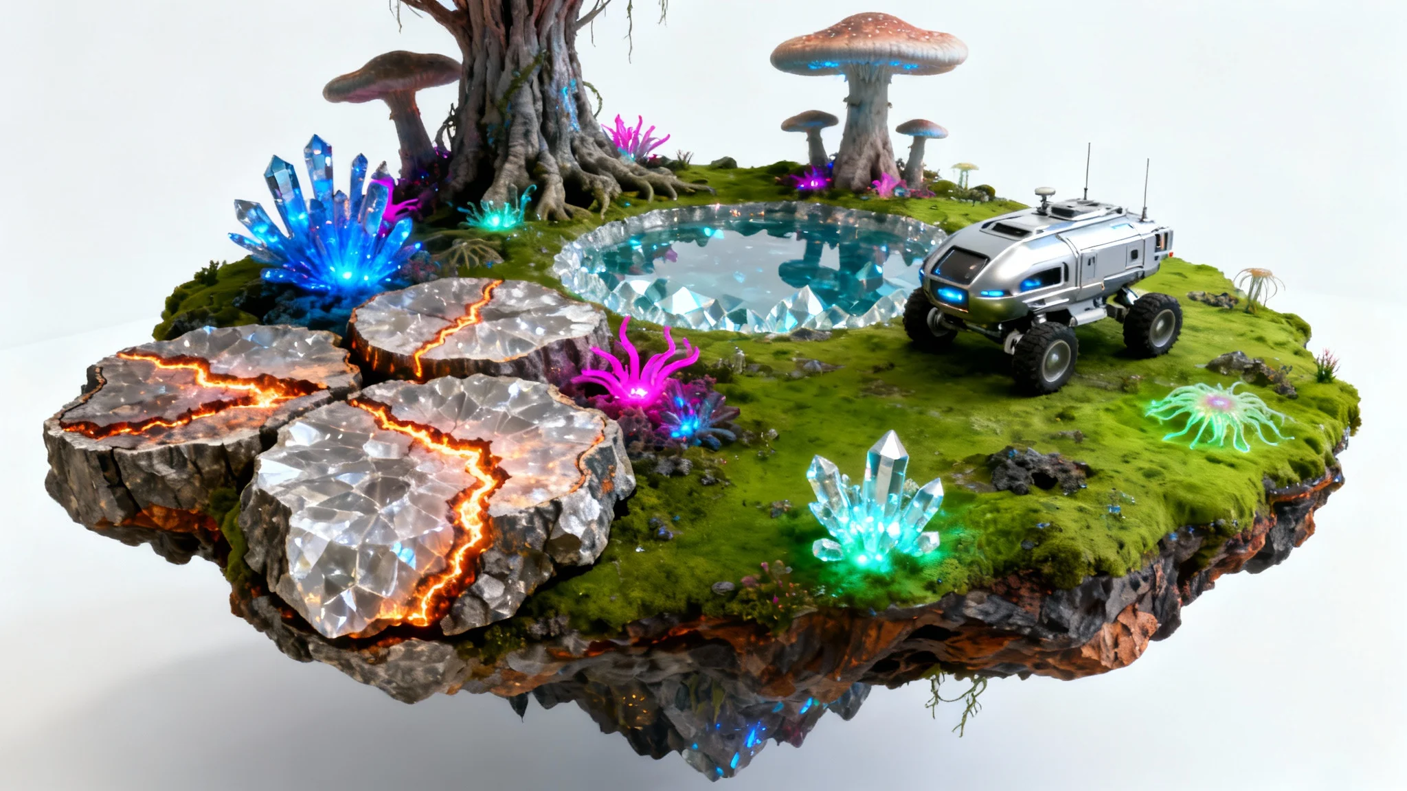 A hyper-realistic diorama of a floating alien world featuring glowing blue and magenta plants, crystalline geology, and a miniature exploration rover, all set against a clean white background.